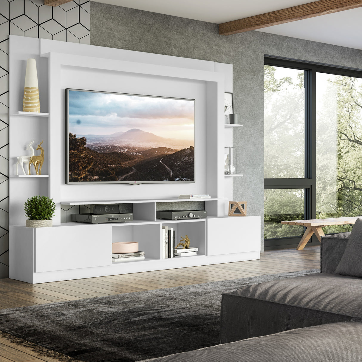 Centro de Entretenimiento Berlin Blanco 213x171cm Para TV Hasta 65" Pulgadas con Dos Comportimientos - MUEBLES DE TV | Bylmo