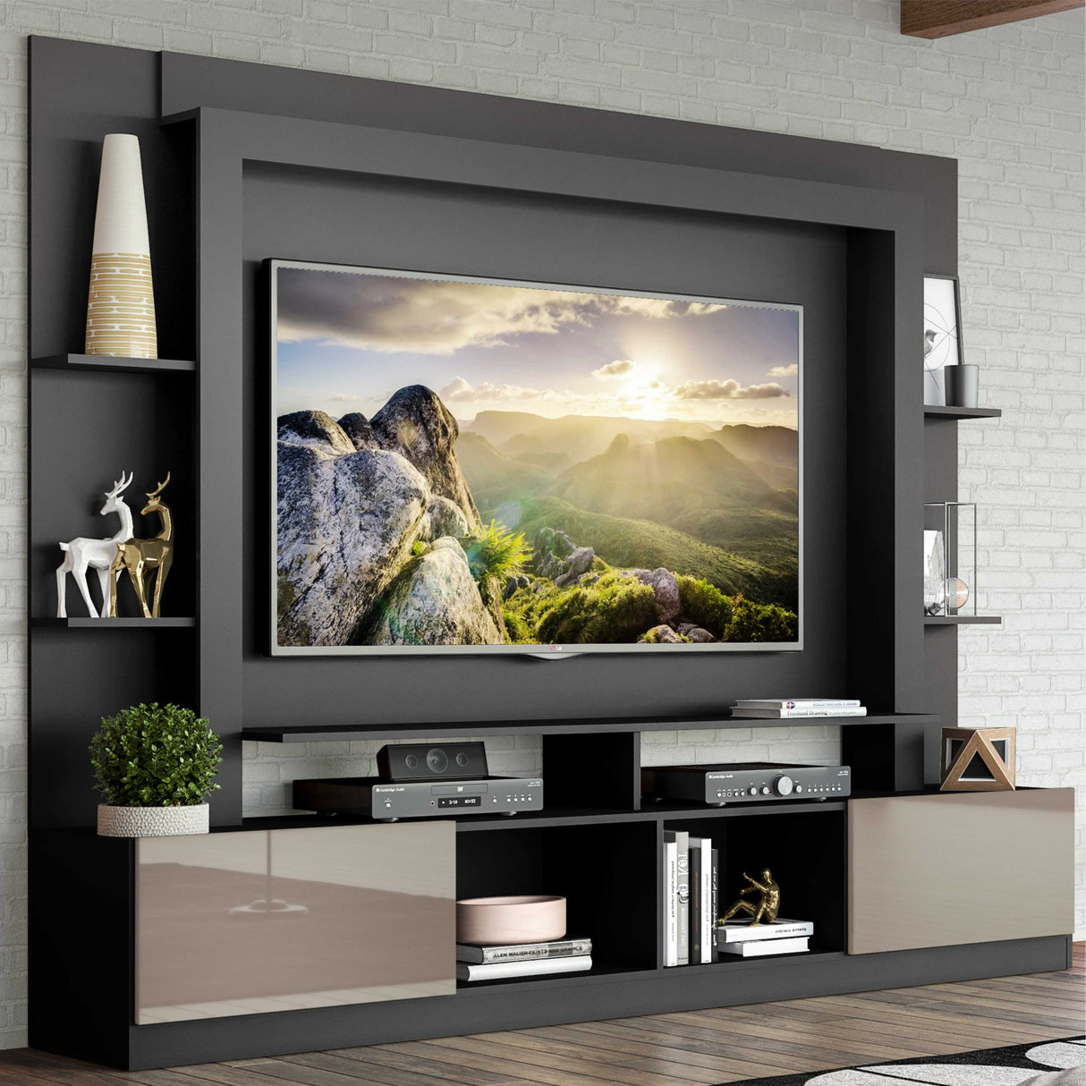 Centro de Entretenimiento Berlín Negro 213x171cm Para TV Hasta 65" Pulgadas con Dos Comportimientos - MUEBLES DE TV | Bylmo