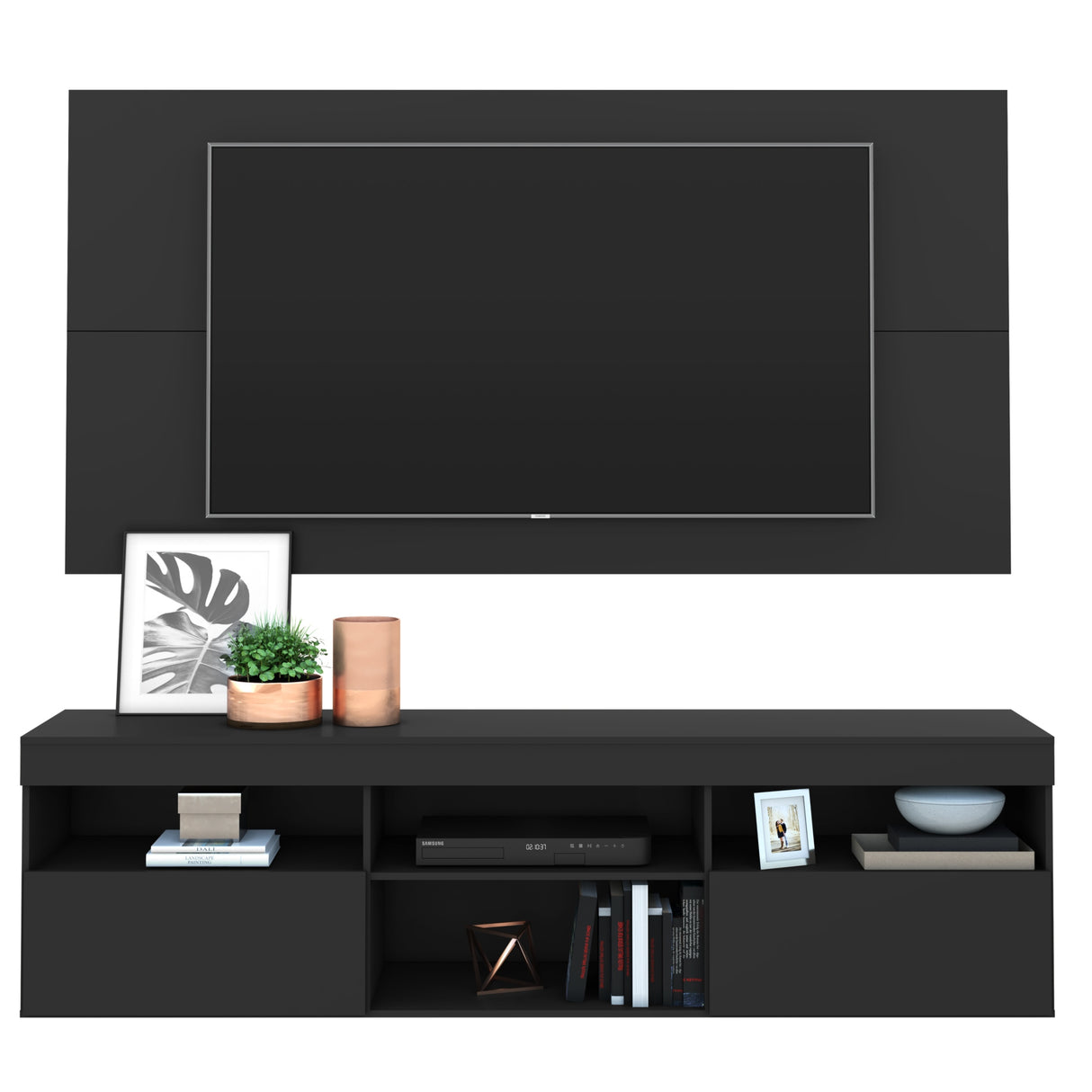 Centro de Entretenimiento Florida Negro 175x90cm Para TV Hasta 65" Pulgadas con Tres Comportimientos - MUEBLES DE TV | Bylmo