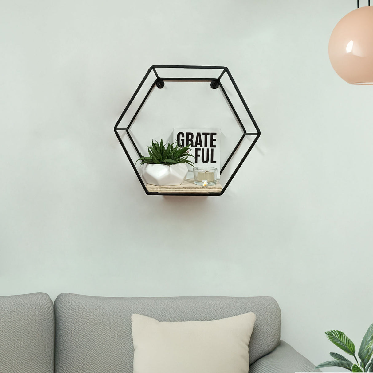 Repisa Madera Natural y Negro 30x30cm Hexagonal con Un Entrepaño - REPISAS | Bylmo