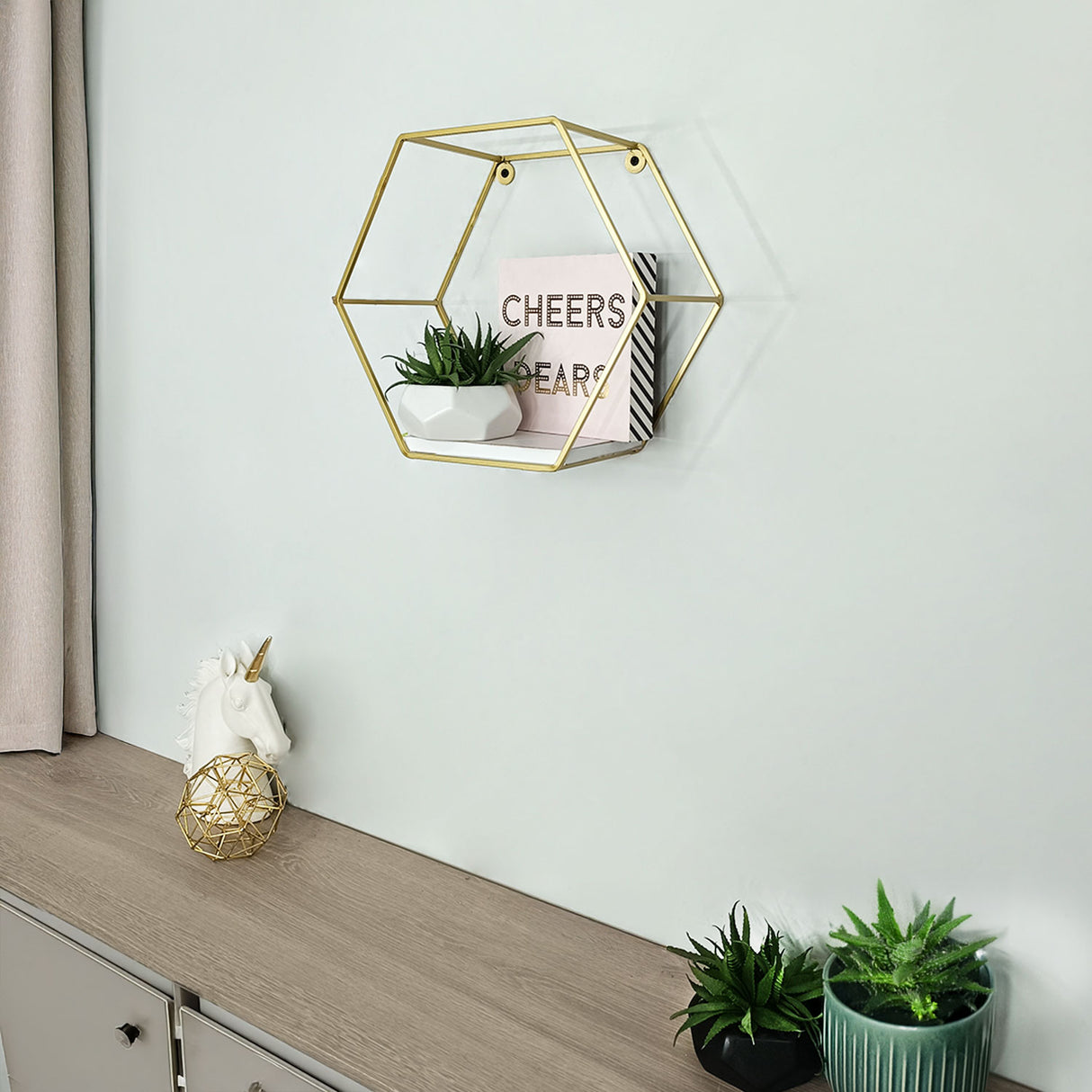 Repisa Blanco y Dorado 30x30cm Hexagonal con Un Entrepaño