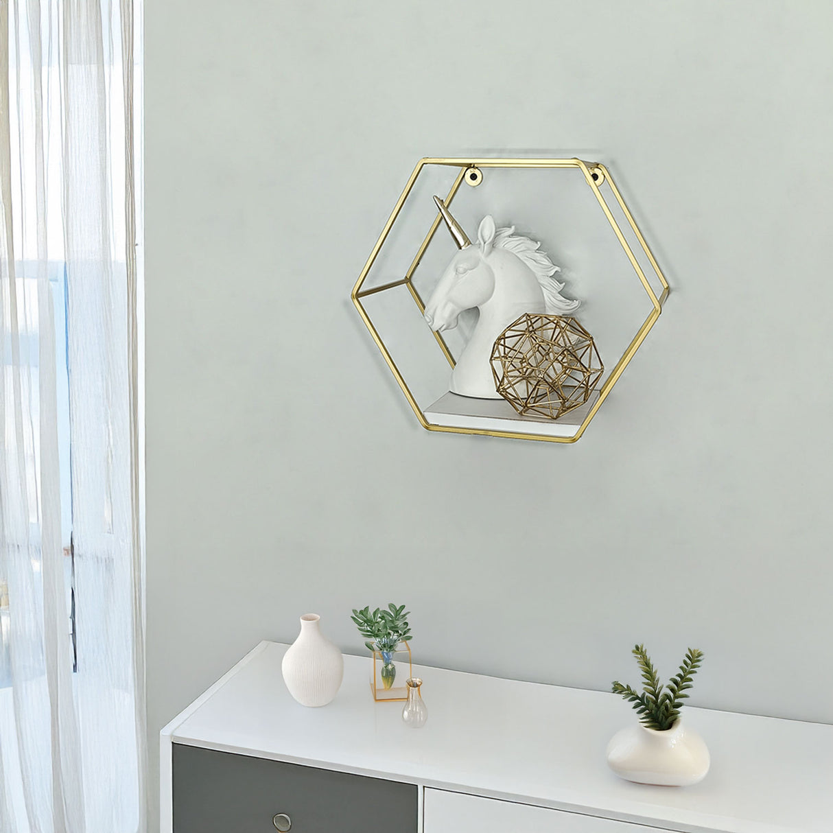 Repisa Blanco y Dorado 30x30cm Hexagonal con Un Entrepaño