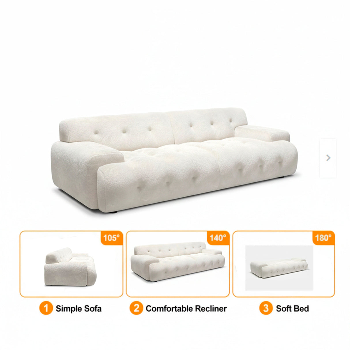 Sofá Cama Max Blanco Almendra 180x68cm De Tres Puestos Reclinable - SOFAS Y POLTRONAS | Bylmo