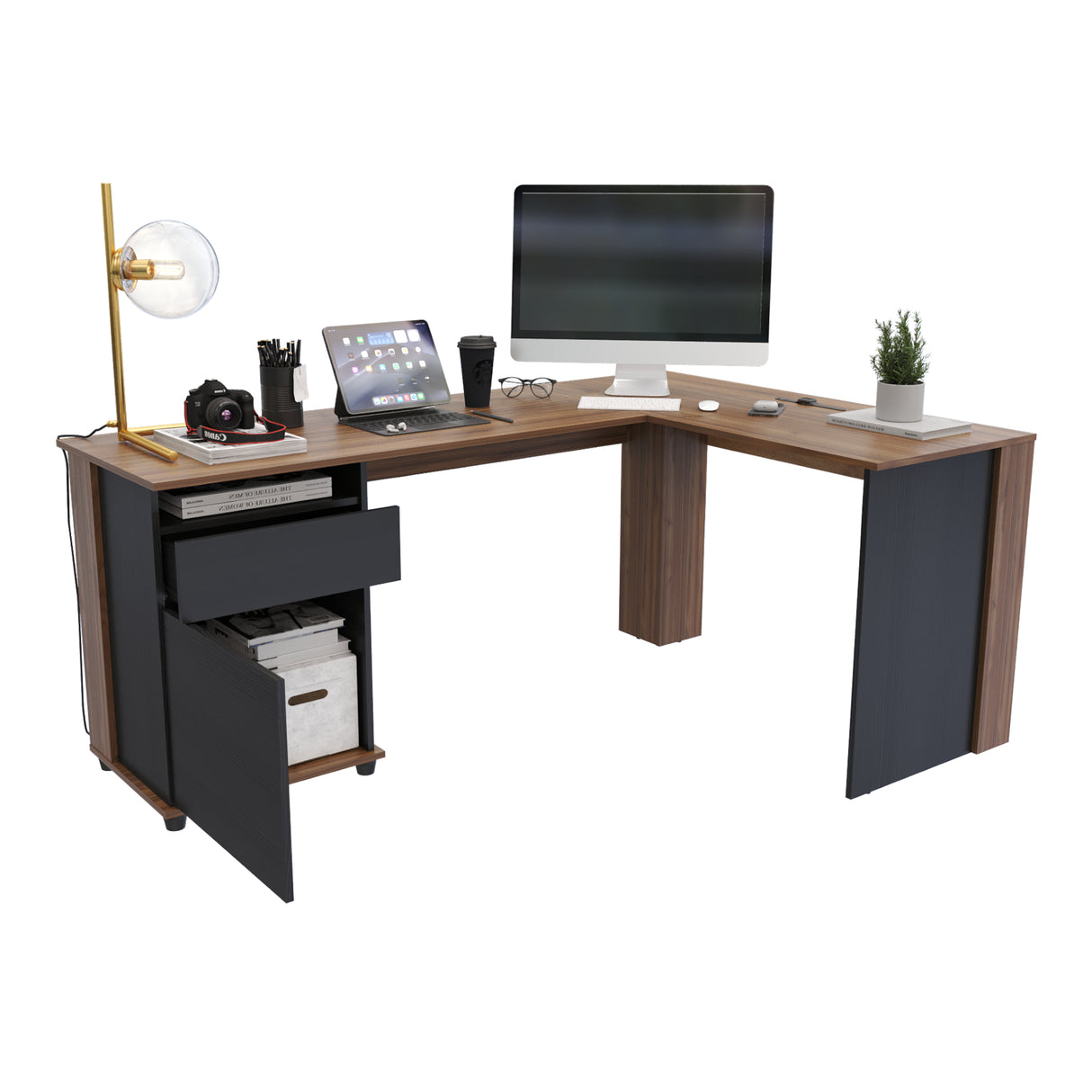 Escritorio en L Sol Gales y Wengue 174x73cm con Dos Cajones - ESCRITORIOS | Bylmo