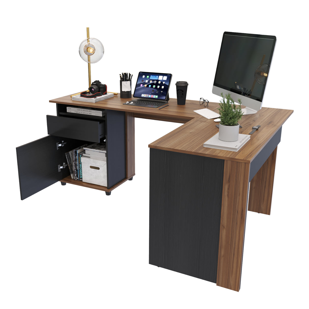 Escritorio en L Sol Gales y Wengue 174x73cm con Dos Cajones - ESCRITORIOS | Bylmo