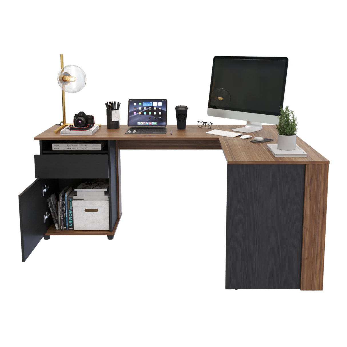 Escritorio en L Sol Gales y Wengue 174x73cm con Dos Cajones - ESCRITORIOS | Bylmo