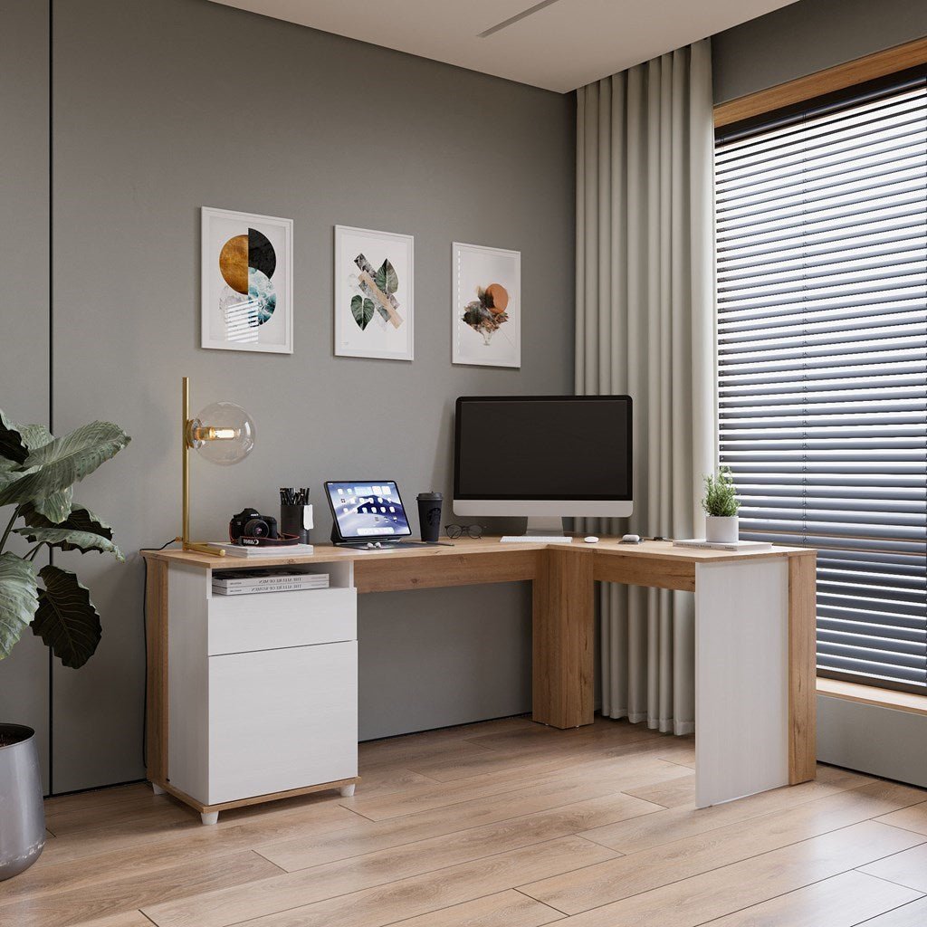 Escritorio en L Sol Duna y Blanco 174x73cm con Dos Cajones - ESCRITORIOS | Bylmo