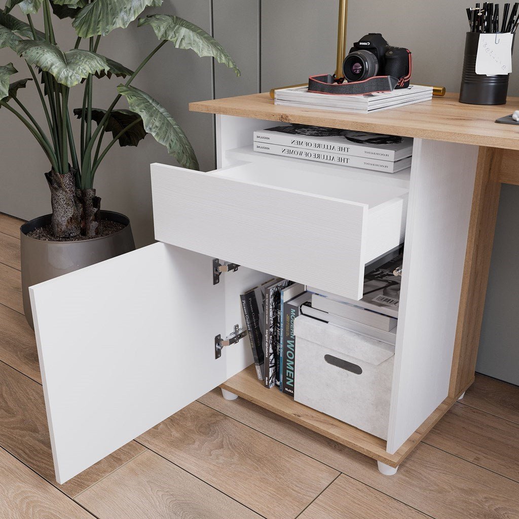 Escritorio en L Sol Duna y Blanco 174x73cm con Dos Cajones - ESCRITORIOS | Bylmo