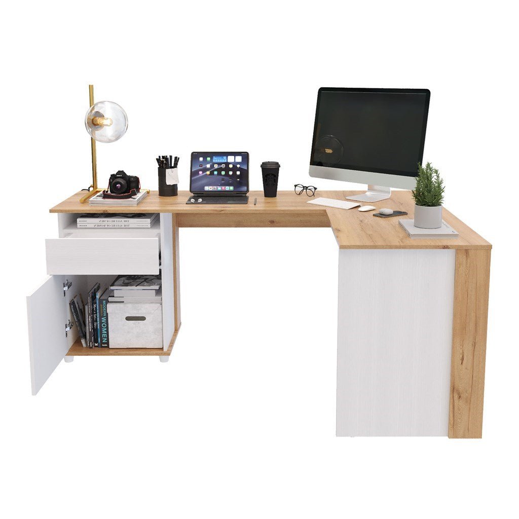 Escritorio en L Sol Duna y Blanco 174x73cm con Dos Cajones - ESCRITORIOS | Bylmo