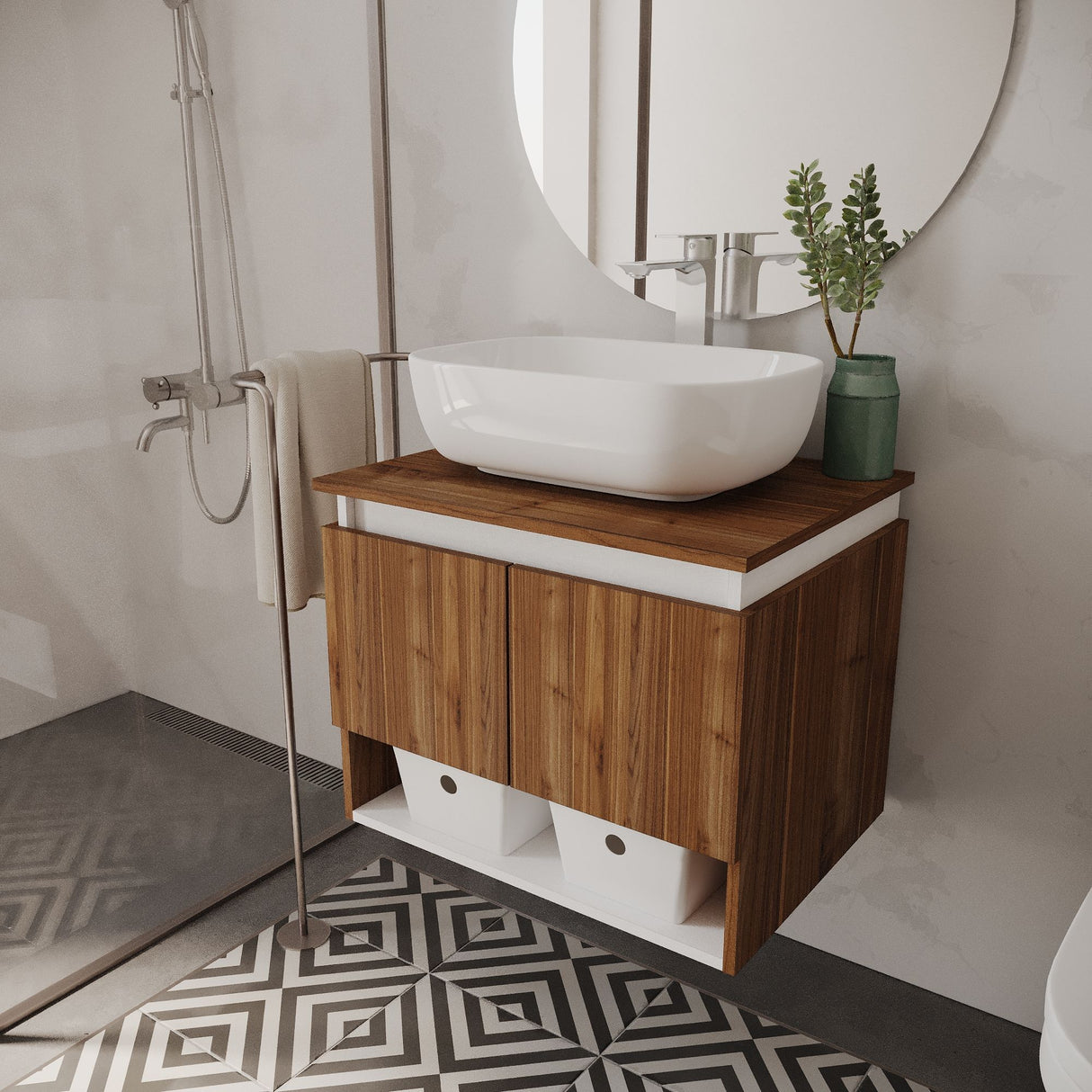 Mueble para Lavamanos Ben Gales y Blanco 60x48cm Flotente Individual sin Lavamanos con Un Cajón y Dos Puertas - MUEBLES PARA LAVAMANOS | Bylmo