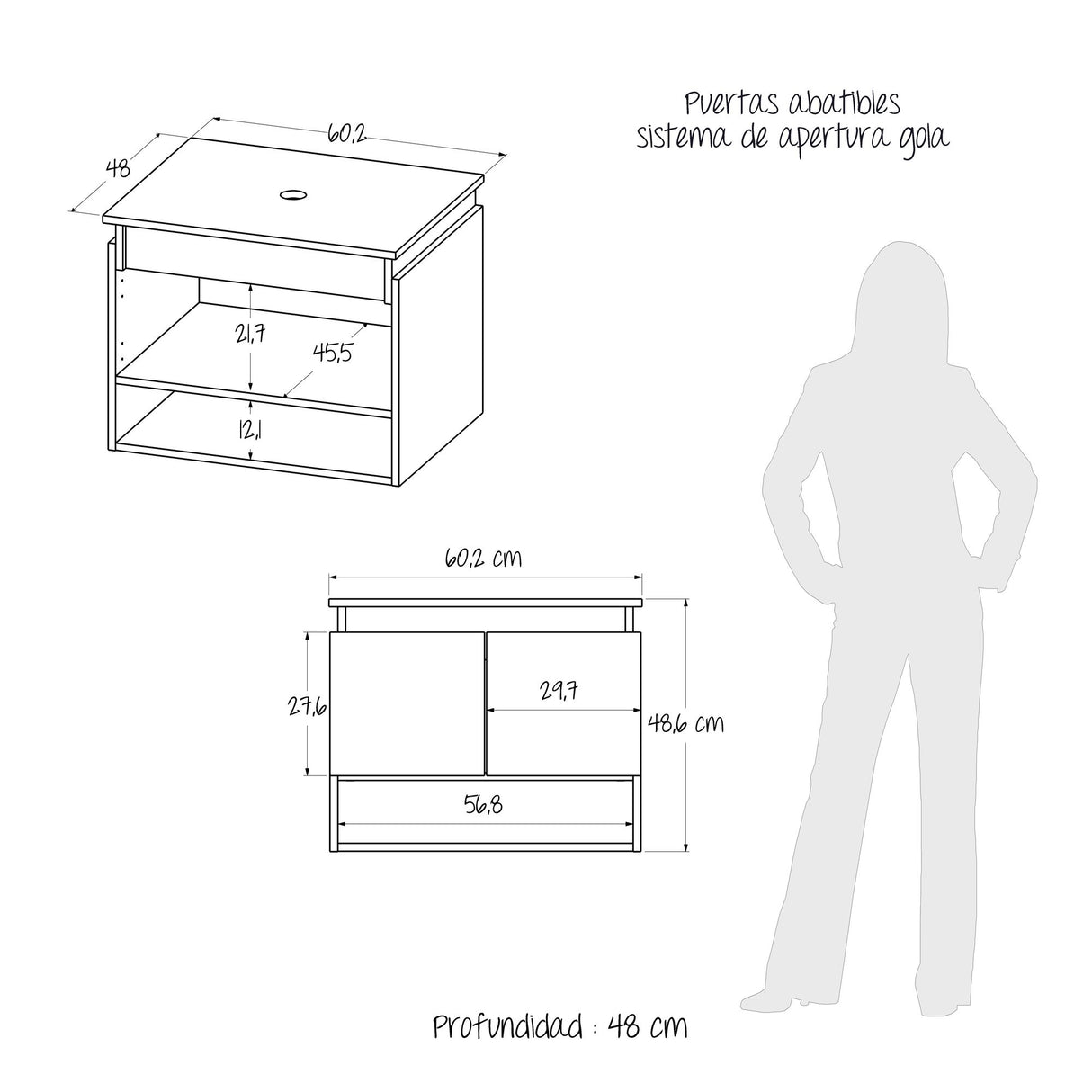 Mueble para Lavamanos Ben Gales y Blanco 60x48cm Flotente Individual sin Lavamanos con Un Cajón y Dos Puertas - MUEBLES PARA LAVAMANOS | Bylmo