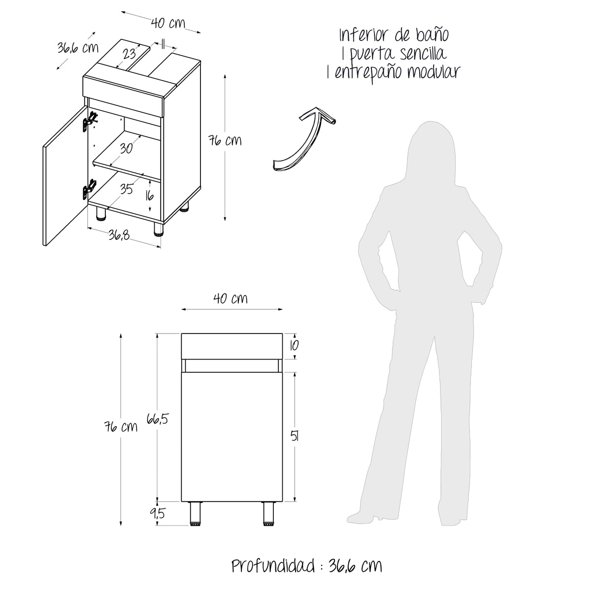 Mueble para Lavamanos Liam Duna y Blanco 40x76cm Individual sin Lavamanos con Un Cajón y Una Puerta - MUEBLES PARA LAVAMANOS | Bylmo