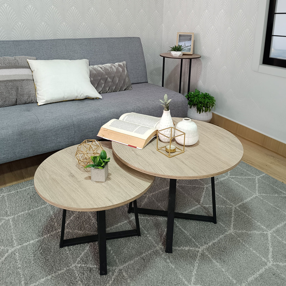 Set X 2 Mesas de Centro Turín Madera Natural y Negro 52x40cm Circulares - MESAS DE CENTRO | Bylmo