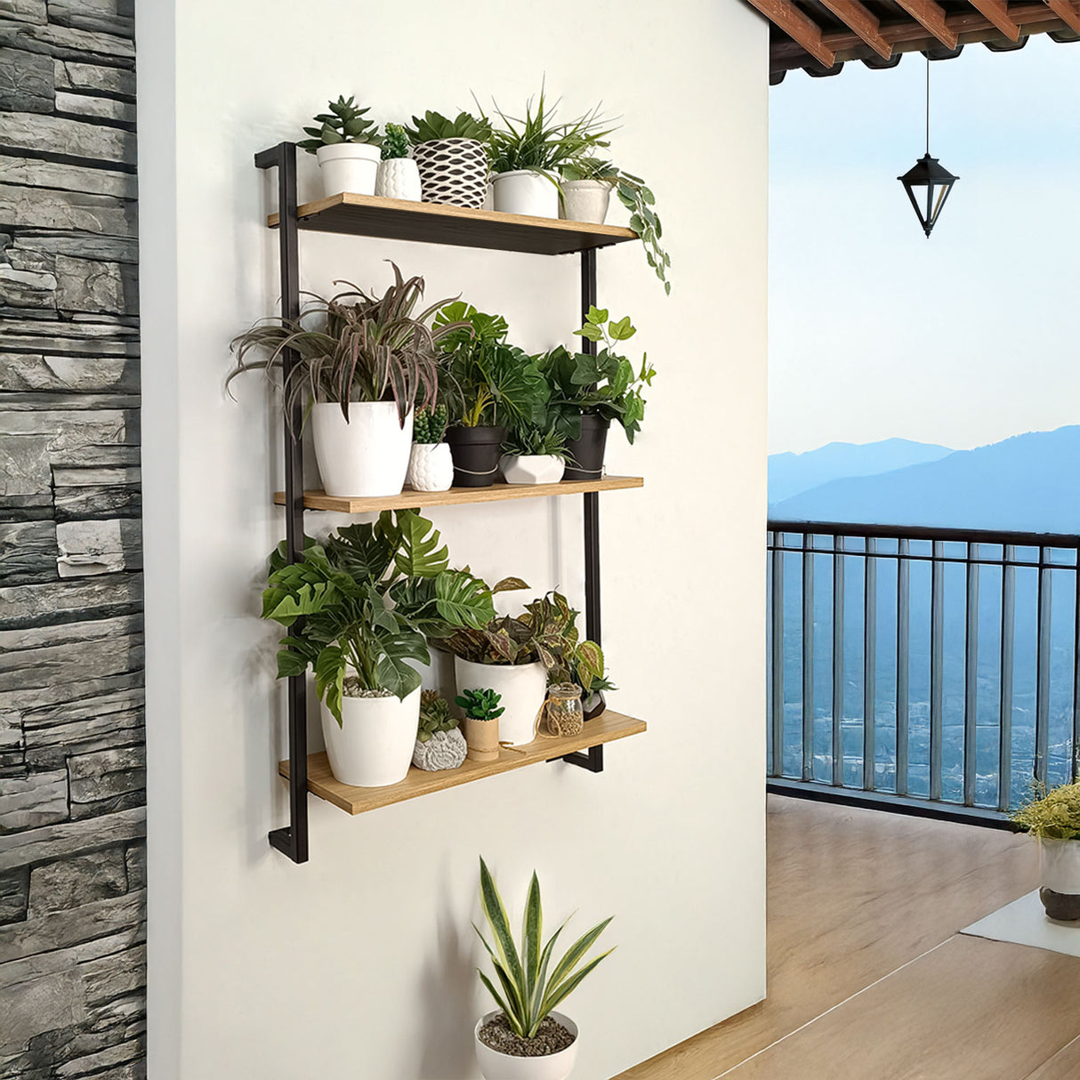 Estantería para Macetas Bruselas Madera Natural y Negro 62x100cm Escalera de Tres Niveles - BASES PARA MACETAS DE INTERIOR | Bylmo