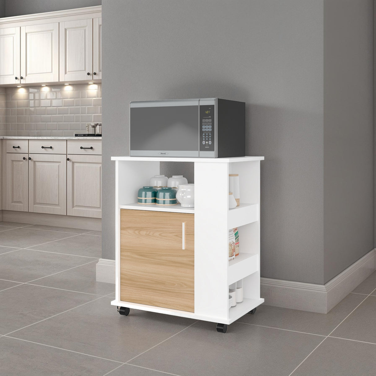 Mueble Microondas Blanco y Fresno 60x73.5cm Sin Cajones con Una Puerta - ALACENAS Y MUEBLES MICROONDAS | Bylmo