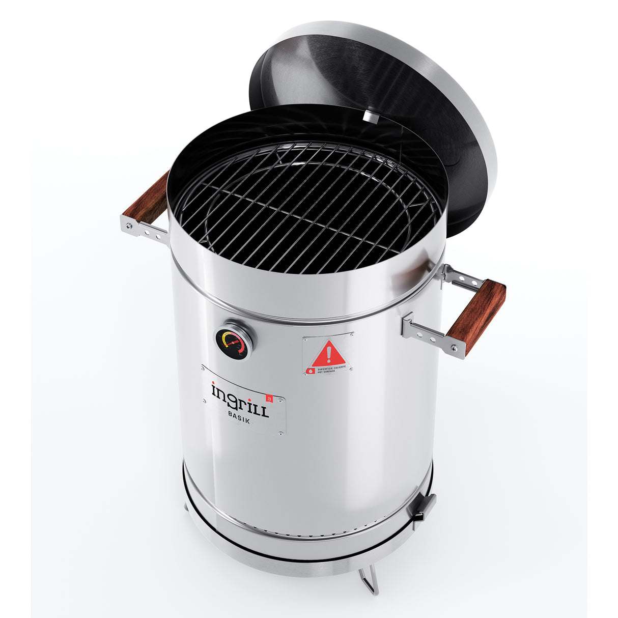 Barril Ahumador Basik Plateado 33x64cm Para 12 Libras con Termómetro y Control de Ventilación - BARRILES Y AHUMADORES | Bylmo