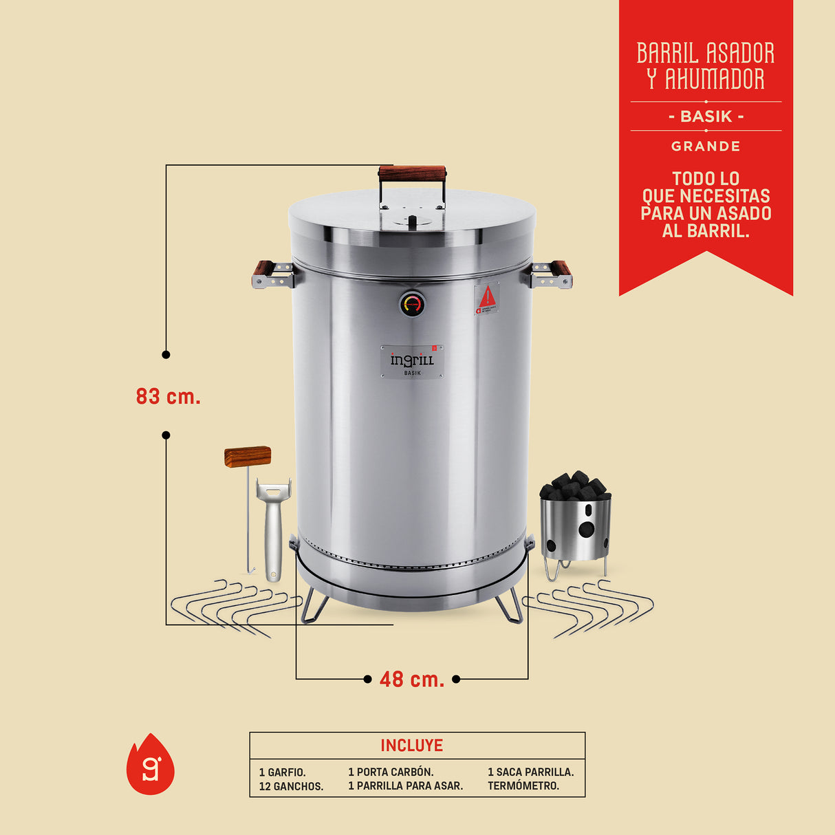 Barril Ahumador Basik Plateado 48x83cm Para 40 Libras con Termómetro y Control de Ventilación - BARRILES Y AHUMADORES | Bylmo