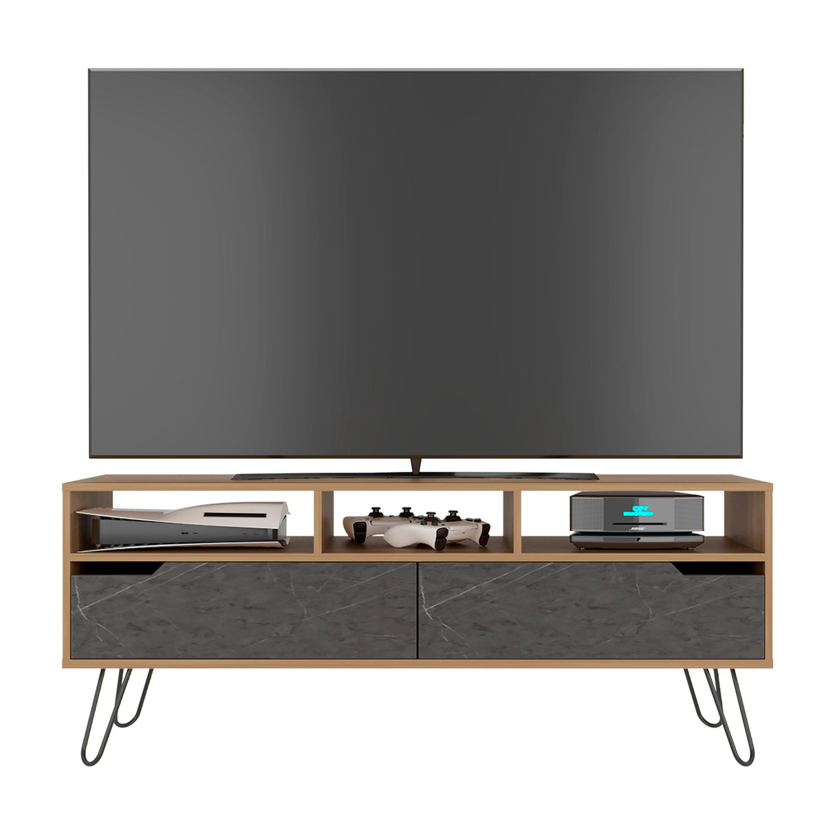 Rack de TV Monaco Fresno y Onix 137x55.8cm para TV Hasta 60" Pulgadas con Dos Compartimientos y con Patas - MUEBLES DE TV | Bylmo