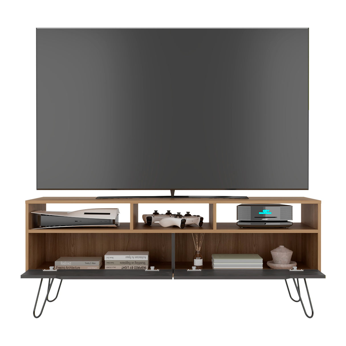 Rack de TV Monaco Fresno y Onix 137x55.8cm para TV Hasta 60" Pulgadas con Dos Compartimientos y con Patas - MUEBLES DE TV | Bylmo