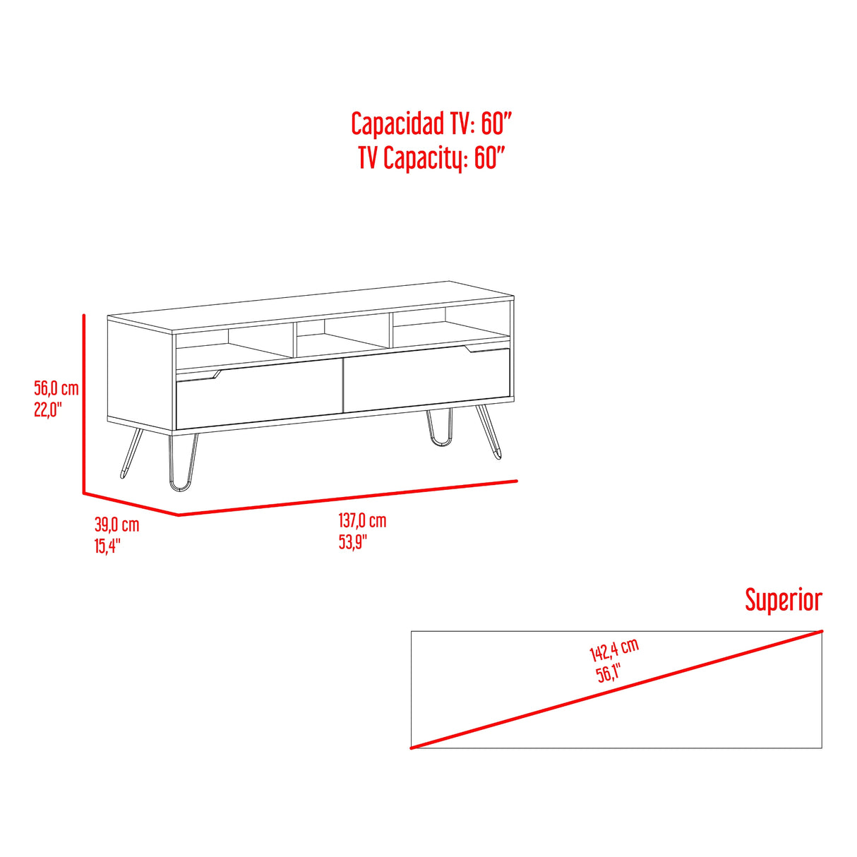 Rack de TV Monaco Fresno y Onix 137x55.8cm para TV Hasta 60" Pulgadas con Dos Compartimientos y con Patas - MUEBLES DE TV | Bylmo