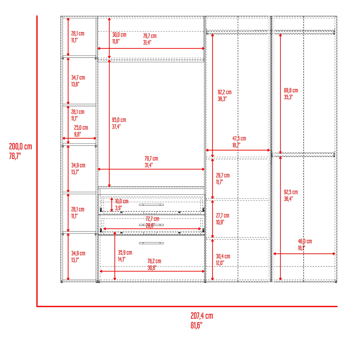 Closet Brunson Fresno y Wengue 207.4x200.2cm con Dos Cajones y Quince Compartimientos - CLOSETS | Bylmo
