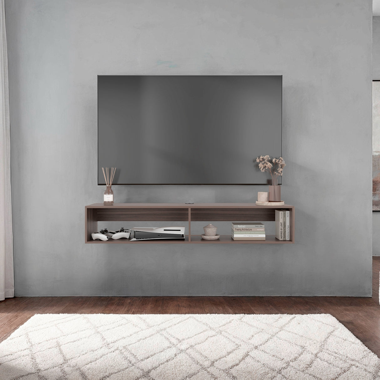 Rack de TV Avellana 150x26.5cm Flotante para TV Hasta 65" Pulgadas con Un Compartimiento - MUEBLES DE TV | Bylmo