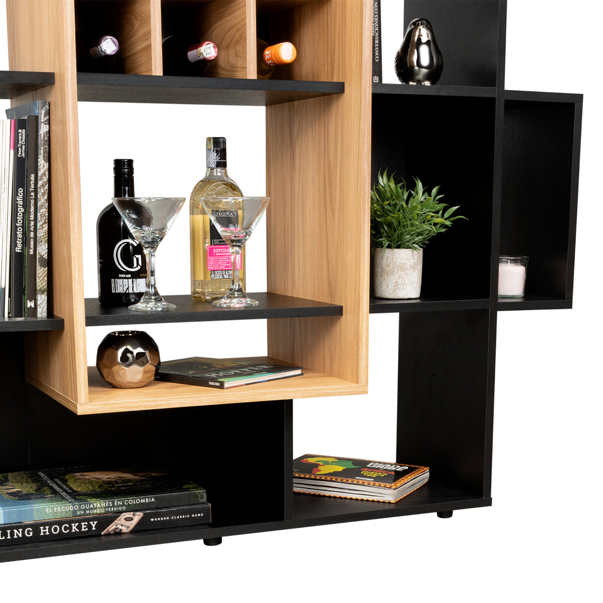 Biblioteca Asimétrica Simba Wengue Fresno 128x180.1cm con Quince Compartimientos y con Veintitrés Entrepaños - BIBLIOTECAS Y ESTANTERIAS | Bylmo