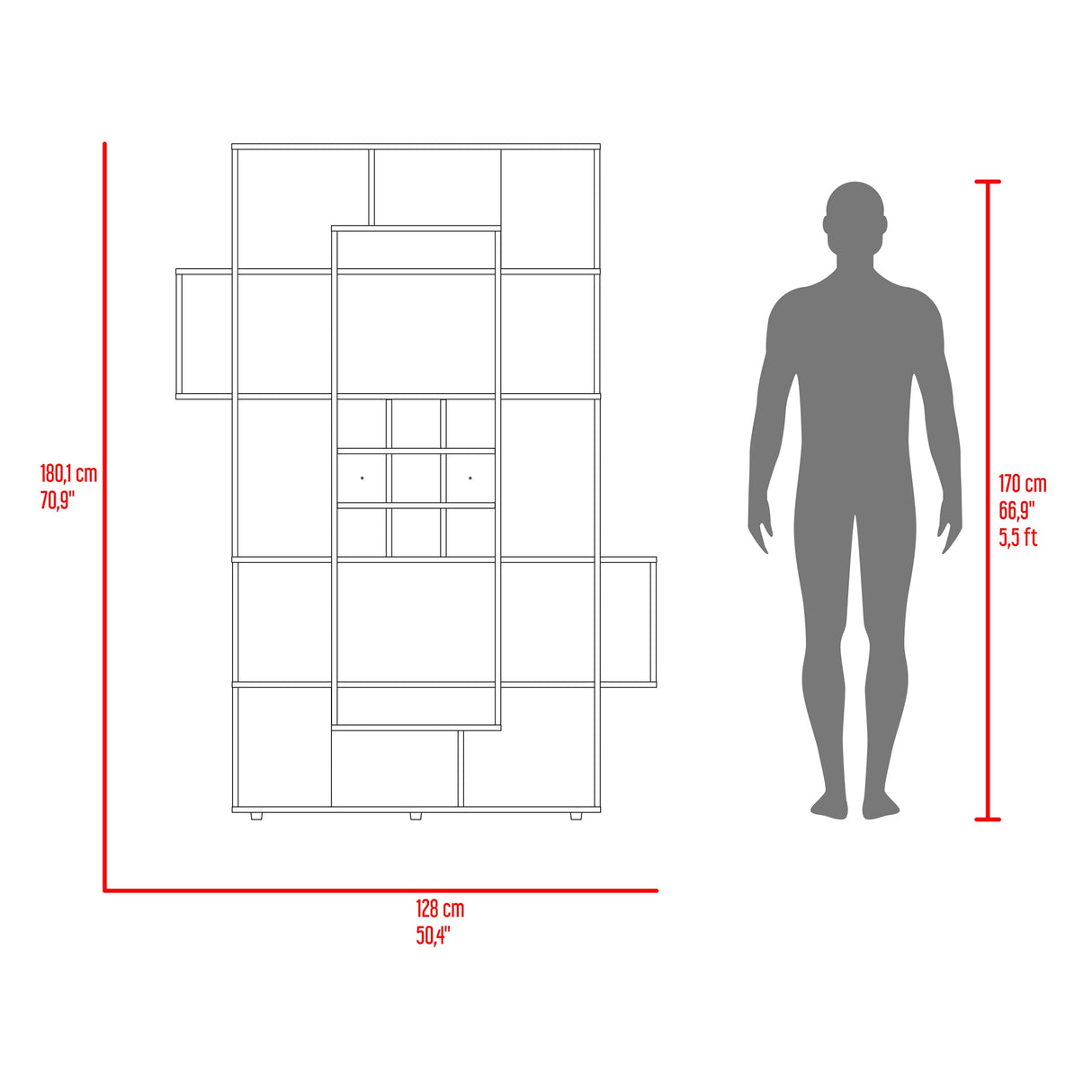 Biblioteca Asimétrica Simba Wengue Fresno 128x180.1cm con Quince Compartimientos y con Veintitrés Entrepaños - BIBLIOTECAS Y ESTANTERIAS | Bylmo