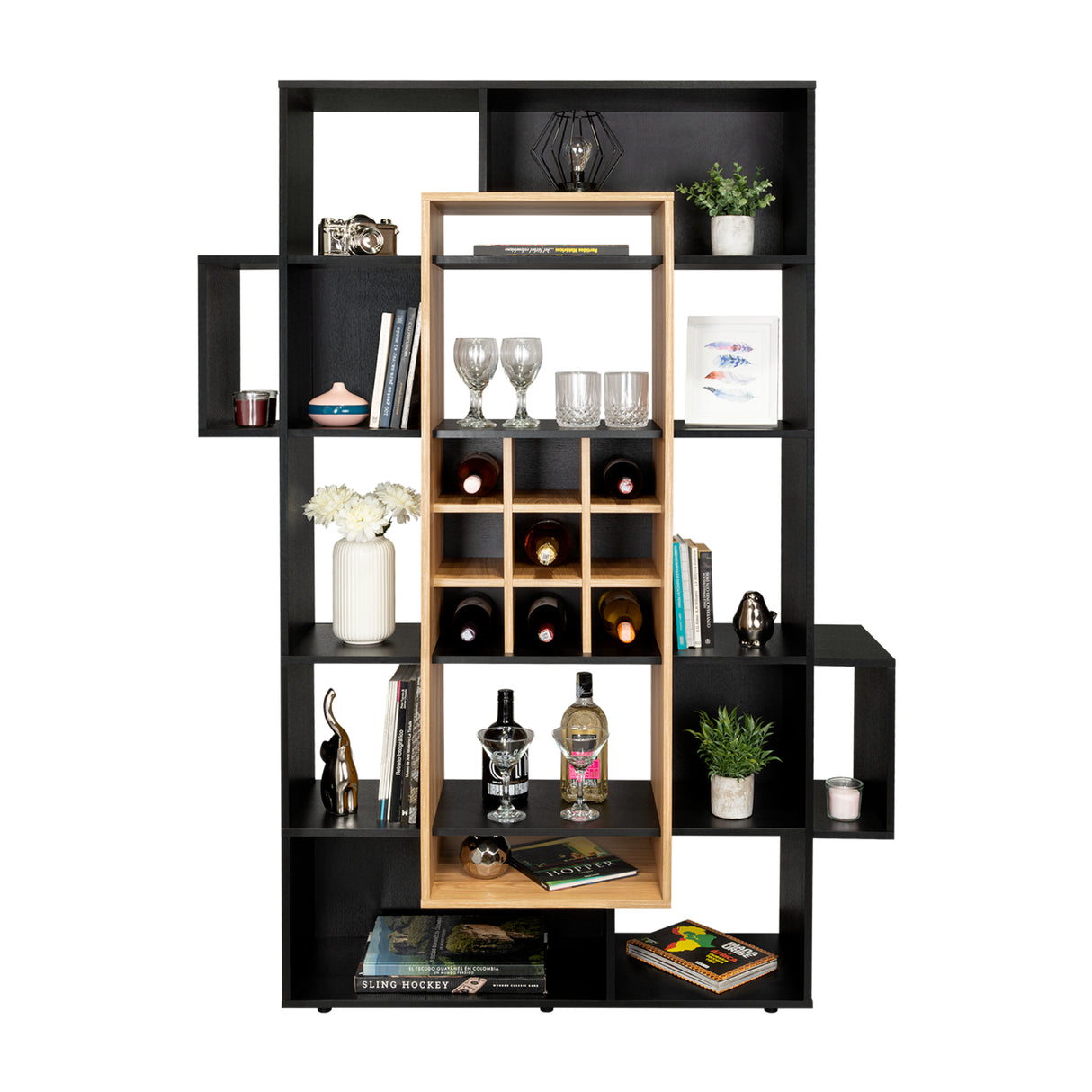 Biblioteca Asimétrica Simba Wengue Fresno 128x180.1cm con Quince Compartimientos y con Veintitrés Entrepaños - BIBLIOTECAS Y ESTANTERIAS | Bylmo