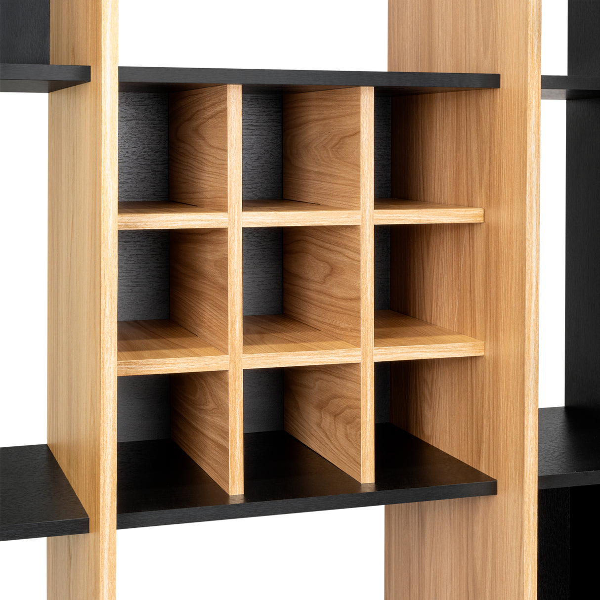 Biblioteca Asimétrica Simba Wengue Fresno 128x180.1cm con Quince Compartimientos y con Veintitrés Entrepaños - BIBLIOTECAS Y ESTANTERIAS | Bylmo