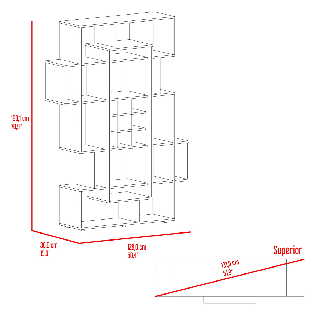 Biblioteca Asimétrica Simba Wengue Fresno 128x180.1cm con Quince Compartimientos y con Veintitrés Entrepaños - BIBLIOTECAS Y ESTANTERIAS | Bylmo