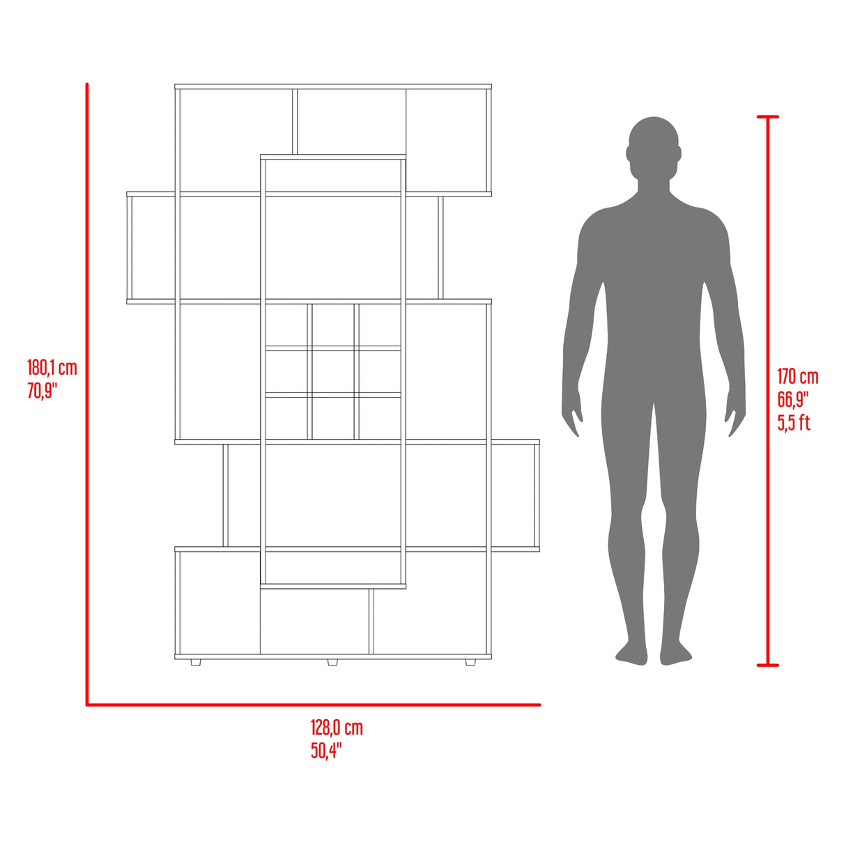 Biblioteca Asimétrica Simba Wengue Fresno 128x180.1cm con Quince Compartimientos y con Veintitrés Entrepaños - BIBLIOTECAS Y ESTANTERIAS | Bylmo