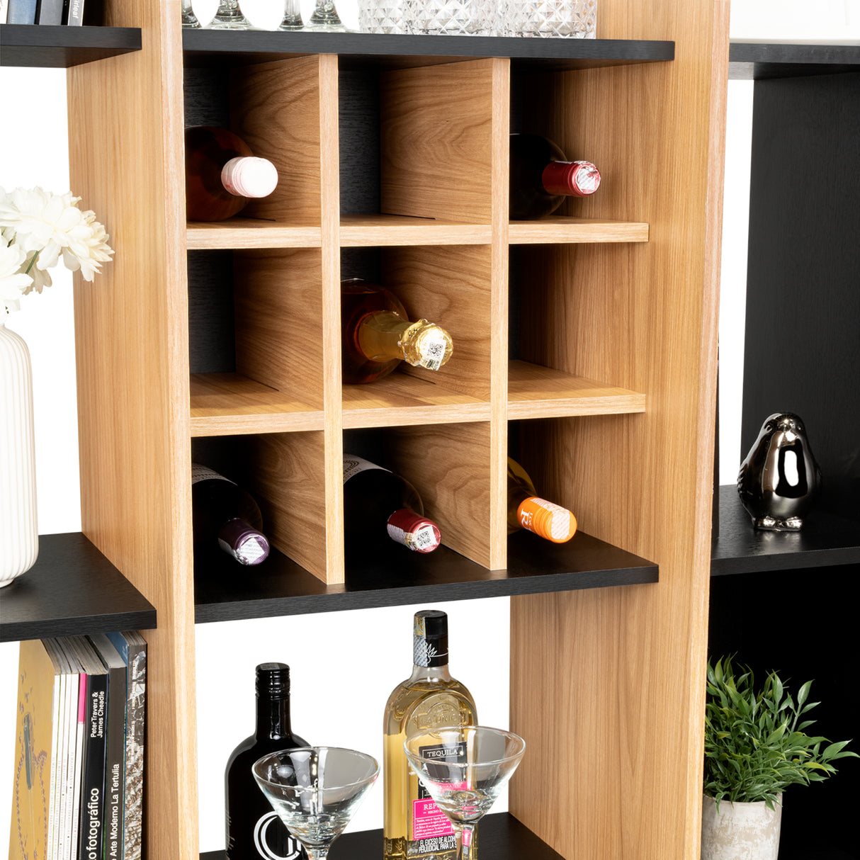 Biblioteca Asimétrica Simba Wengue Fresno 128x180.1cm con Quince Compartimientos y con Veintitrés Entrepaños - BIBLIOTECAS Y ESTANTERIAS | Bylmo