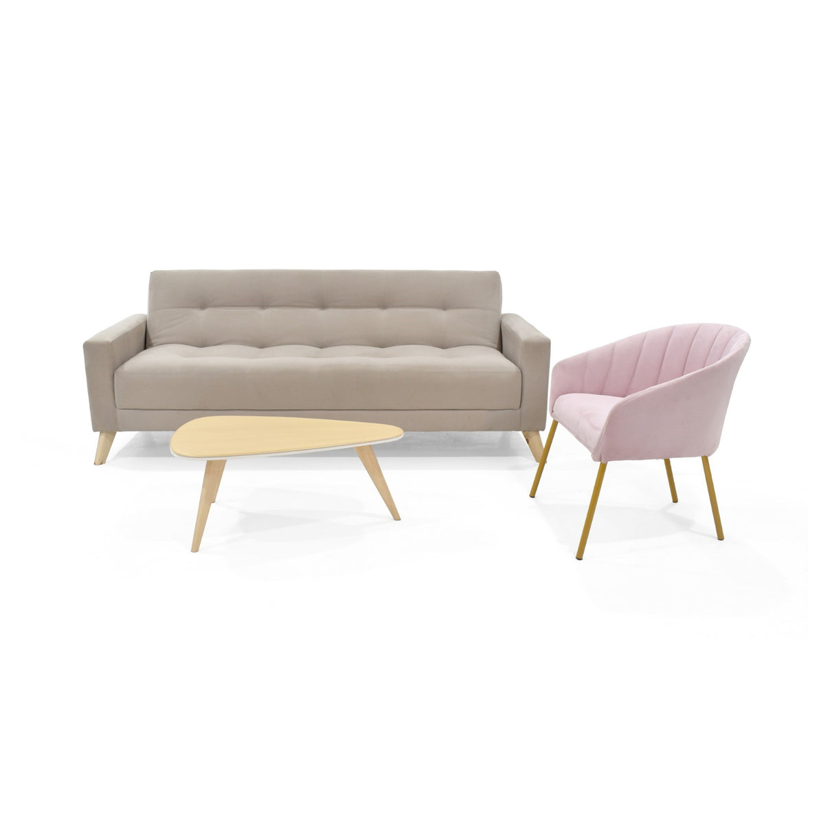 Sala Sahara Taupe y Rosa 206x82cm con Sofá Cama Reclinable Apoya Brazos Poltrona Misaki y Mesa de Centro Drop - SOFAS Y POLTRONAS | Bylmo