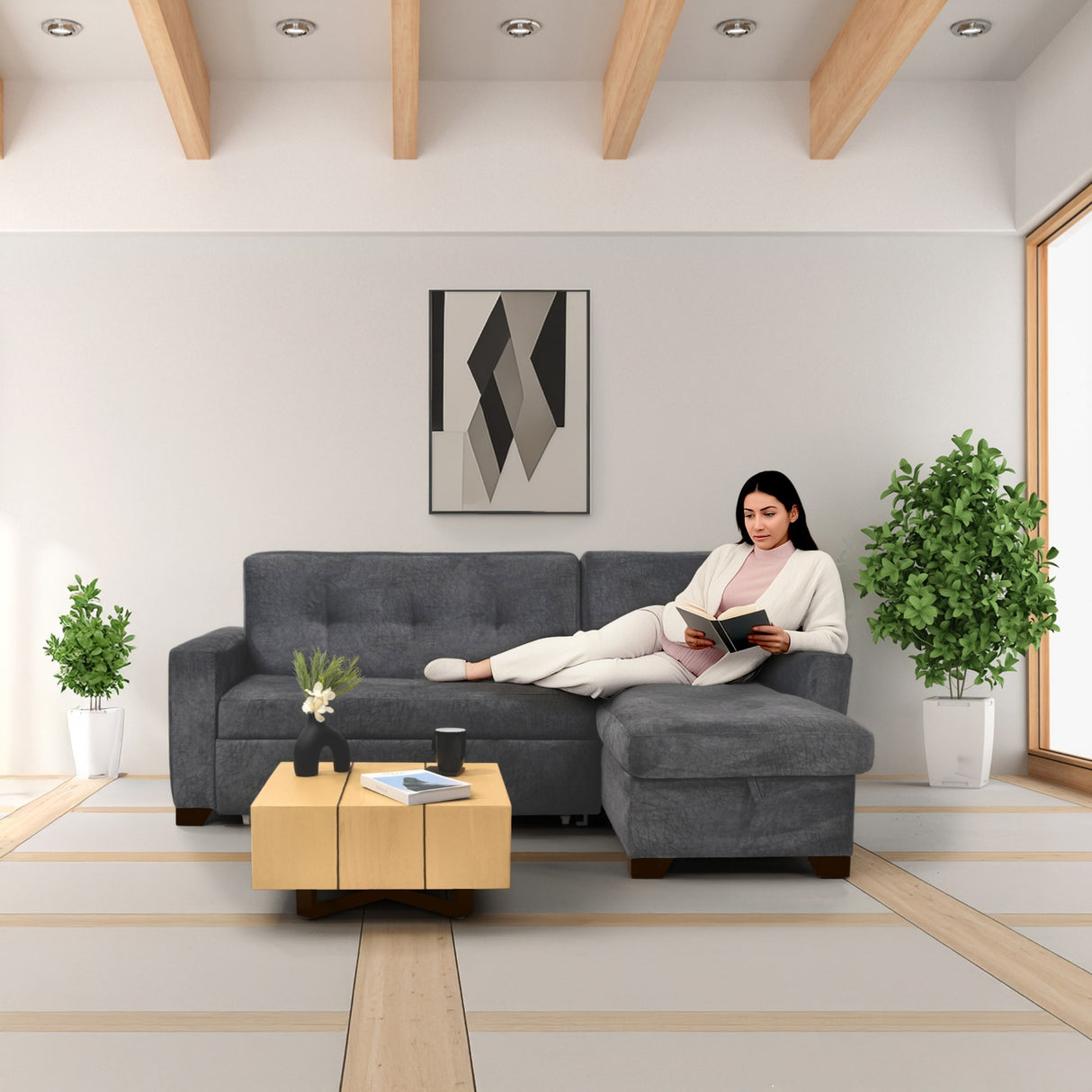 Sala con sofa Cama en L Atlas con Apoya Brazos Almacenamiento Gris con Mesa Veracruz Miel