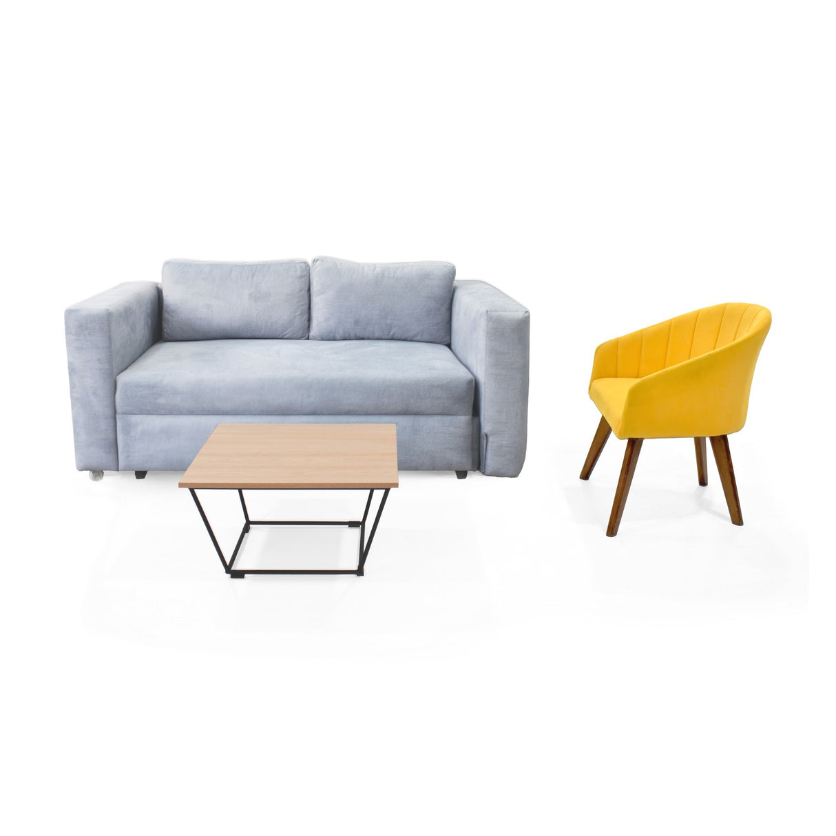 Sala Baxter Plata y Mostaza 160x68cm con Sofá Cama Reclinable con Apoya Brazos y Almacenamiento Poltrona Shanghai y Mesa De Centro Leeds - SOFAS Y POLTRONAS | Bylmo