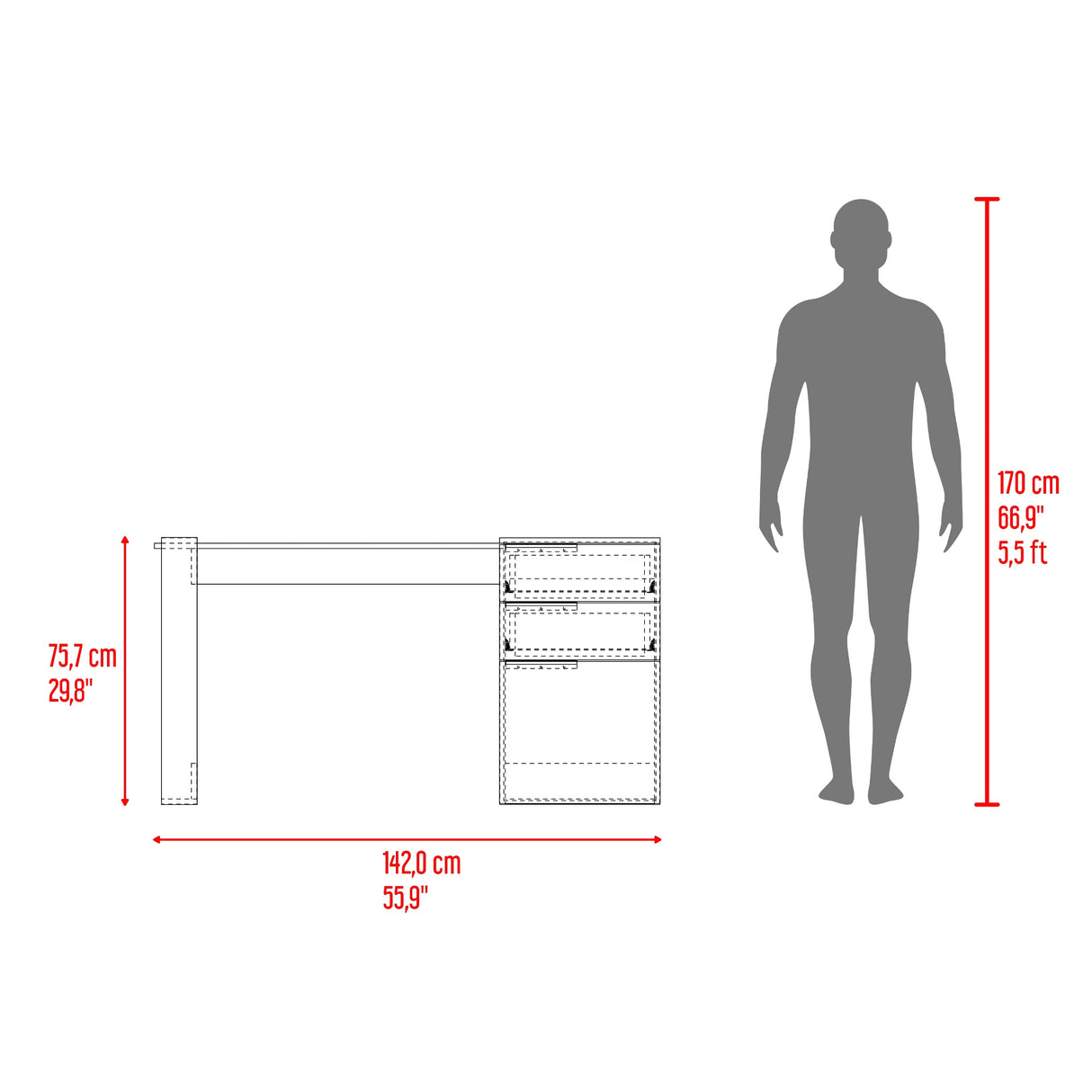 Escritorio Office 13 Gris Positano 142x75.7cm Con Dos Cajones - ESCRITORIOS | Bylmo