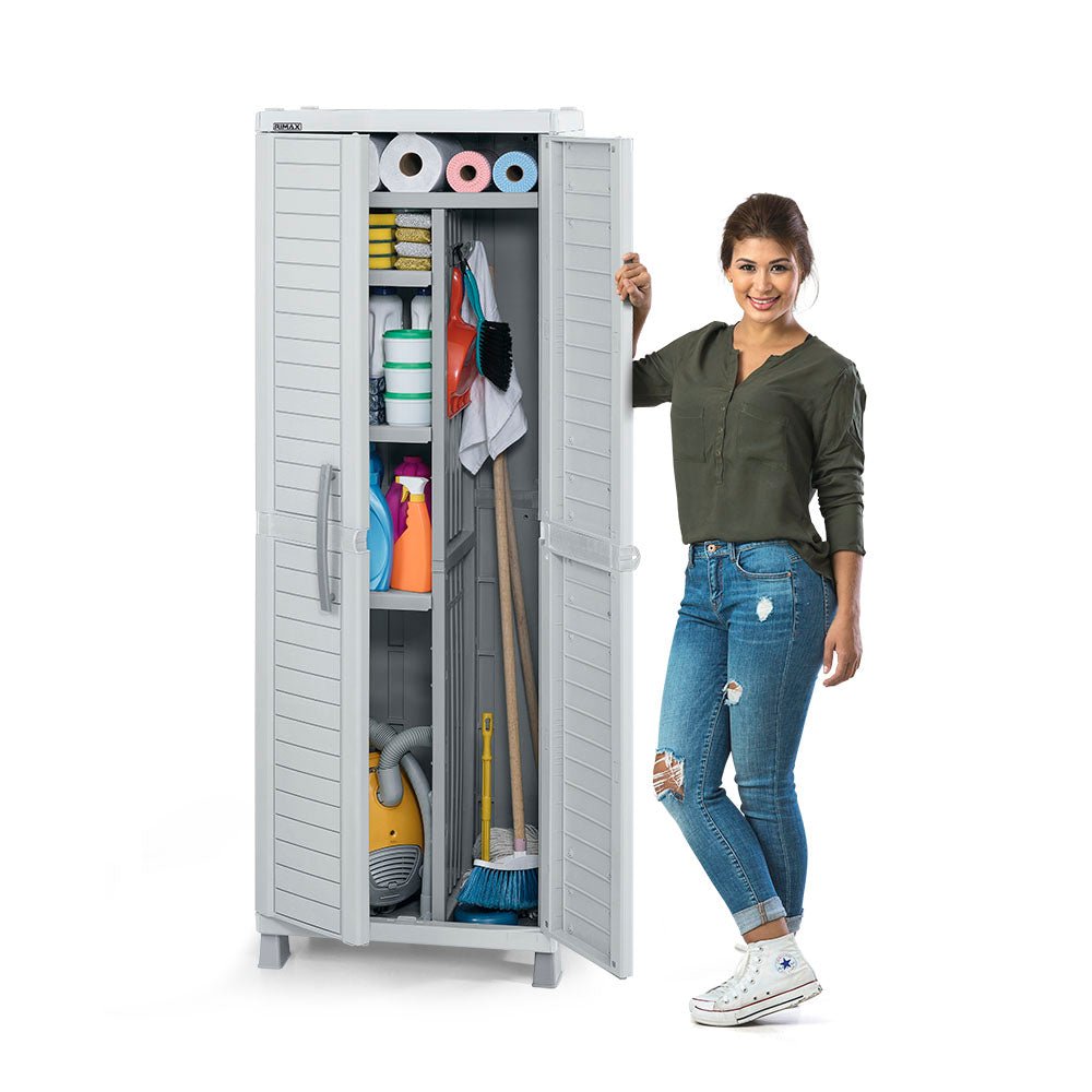 Armario de Aseo Rimax Barú Gris Claro 65x189cm para Organizar con Dos Puertas - MUEBLES DE ASEO Y ROPAS | Bylmo