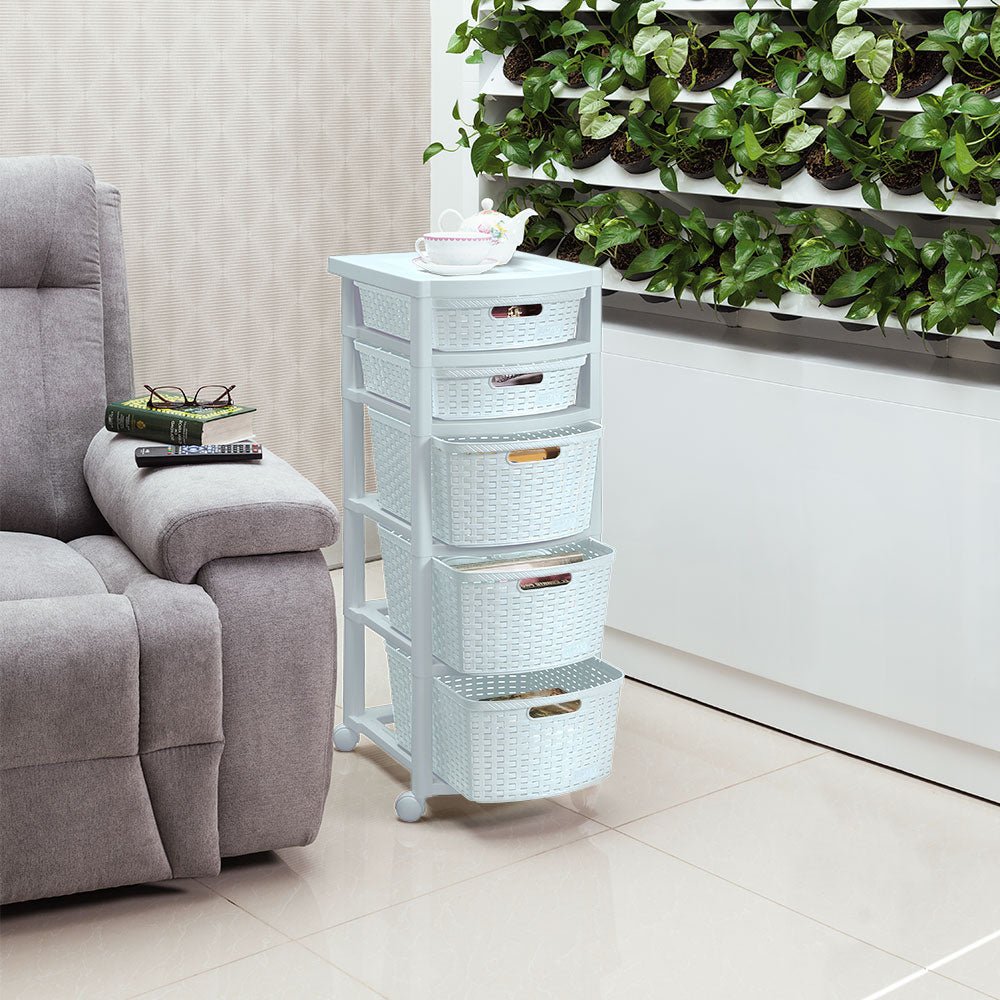 Cajonera Rimax Rattan Blanco Nieve 33x87.5cm de Cinco Hileras con Cinco Cajones - CAJONERAS Y COMODAS | Bylmo