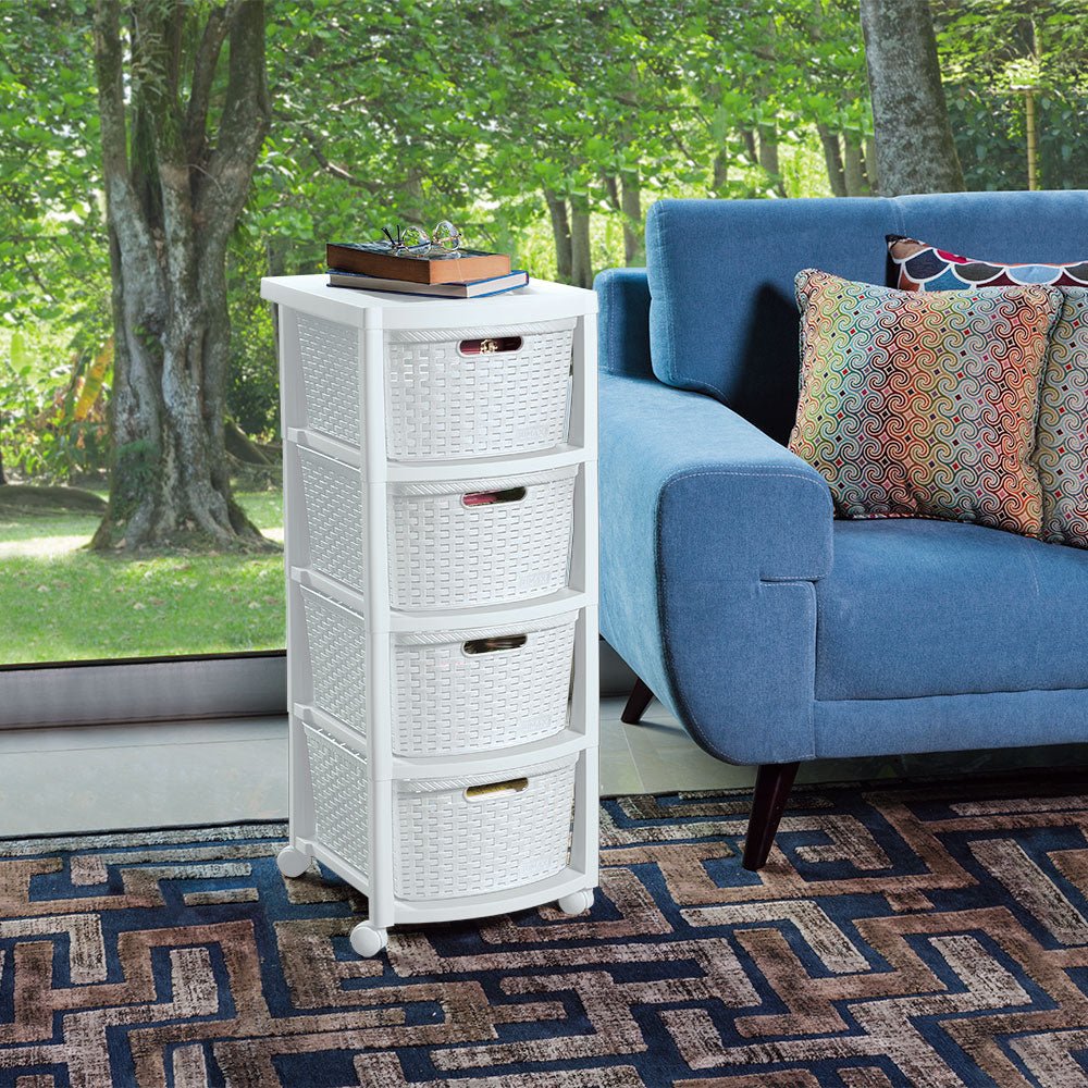 Cajonera Rimax Rattan Blanco Nieve 33x83.5cm de Cuatro Hileras con Cuatro Cajones - CAJONERAS Y COMODAS | Bylmo