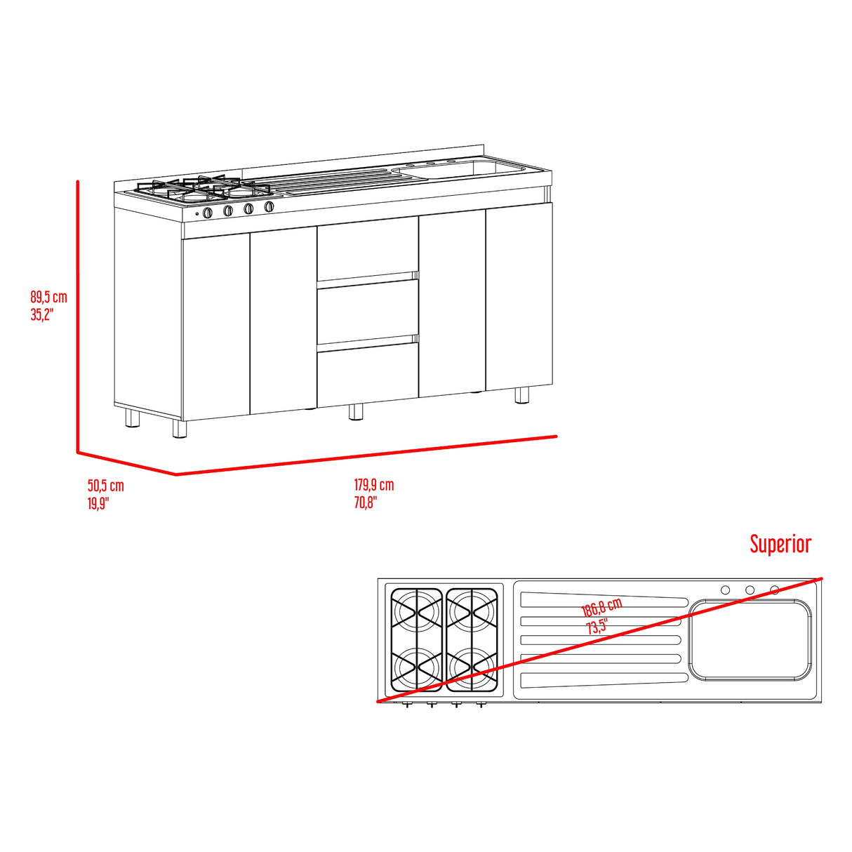 Mueble Inferior de Cocina Boreal Blanco Fresno 179.9x89.5cm con Meson de Acero Inoxidable Lado Derecho y con Estufa - MUEBLES INFERIORES DE COCINA | Bylmo