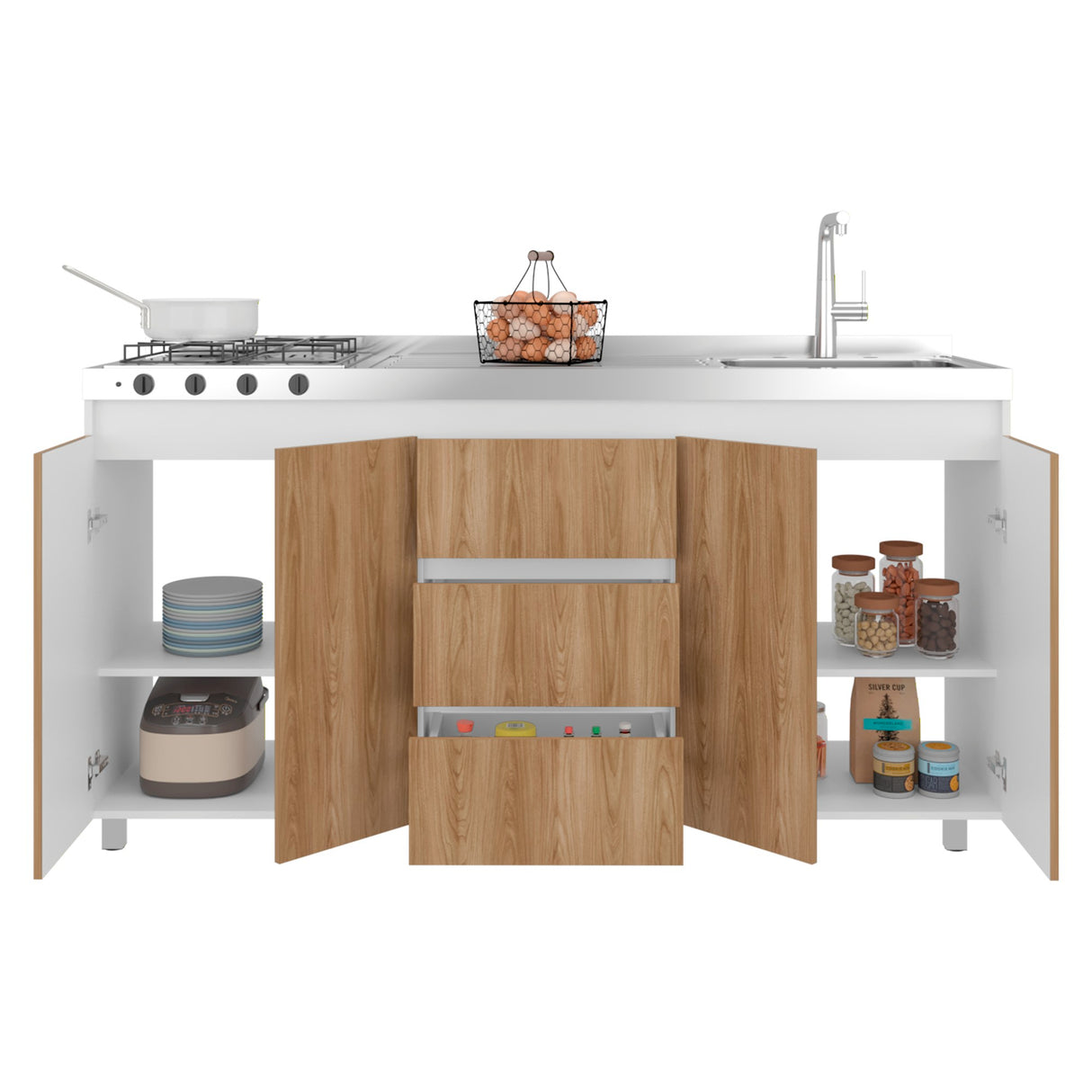 Mueble Inferior de Cocina Boreal Blanco Fresno 179.9x89.5cm con Meson de Acero Inoxidable Lado Derecho y con Estufa - MUEBLES INFERIORES DE COCINA | Bylmo