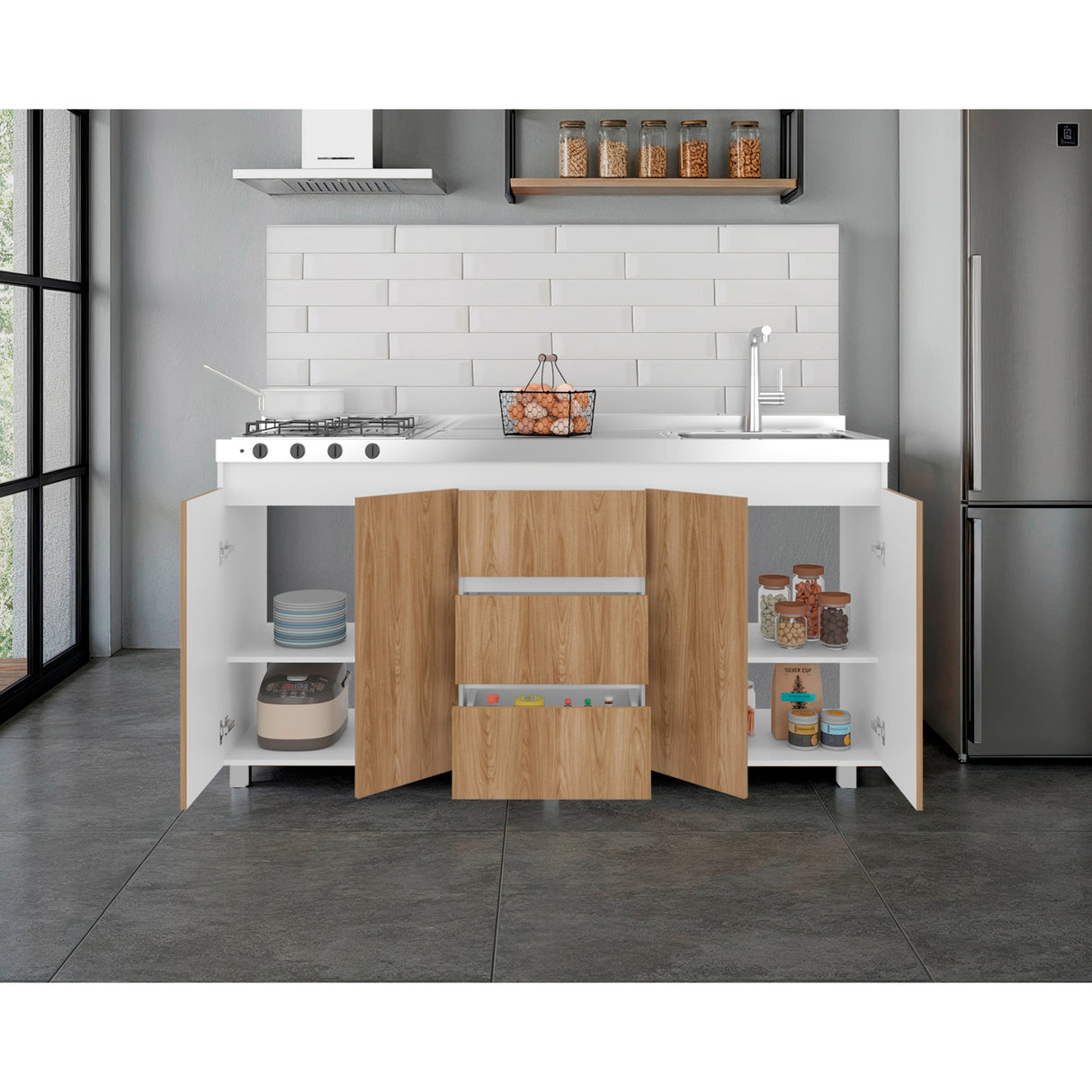 Mueble Inferior de Cocina Boreal Blanco Fresno 179.9x89.5cm con Meson de Acero Inoxidable Lado Derecho y con Estufa - MUEBLES INFERIORES DE COCINA | Bylmo