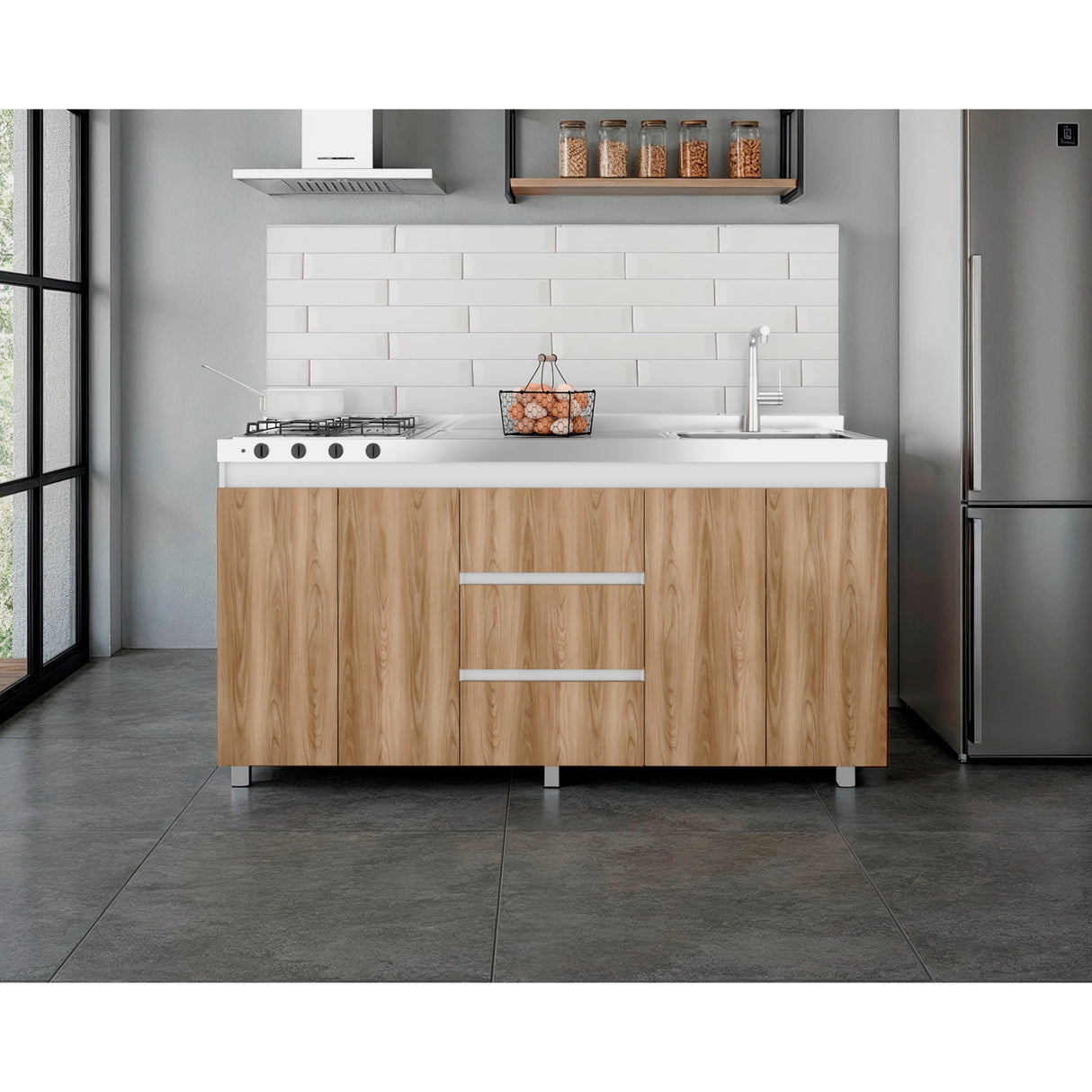Mueble Inferior de Cocina Boreal Blanco Fresno 179.9x89.5cm con Meson de Acero Inoxidable Lado Derecho y con Estufa - MUEBLES INFERIORES DE COCINA | Bylmo