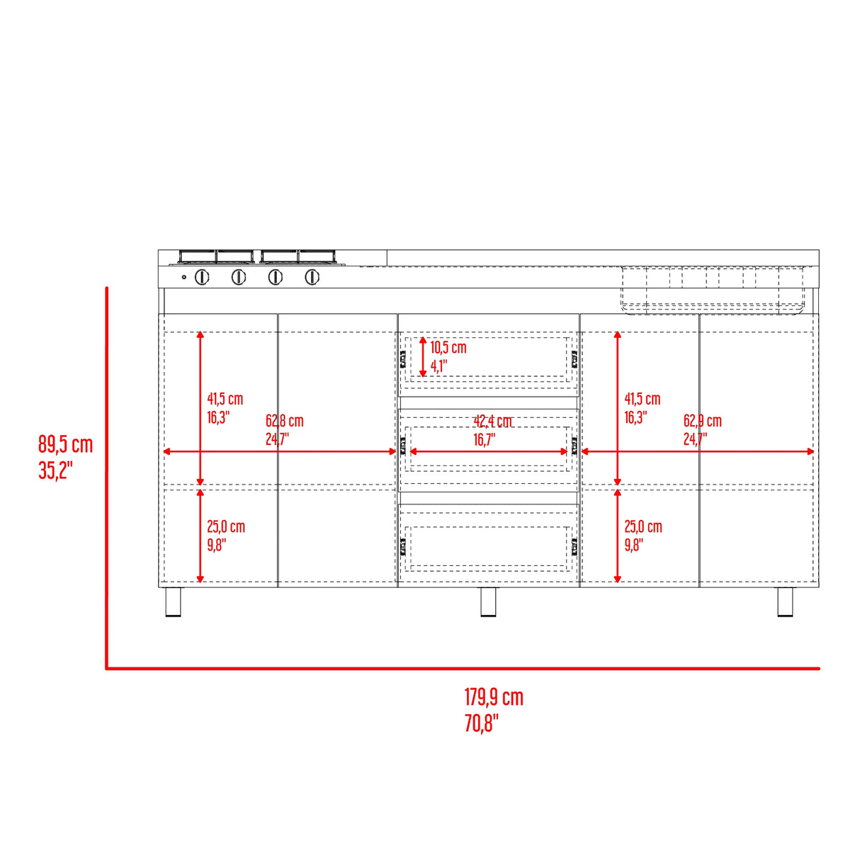 Mueble Inferior de Cocina Boreal Blanco Fresno 179.9x89.5cm con Meson de Acero Inoxidable Lado Derecho y con Estufa - MUEBLES INFERIORES DE COCINA | Bylmo