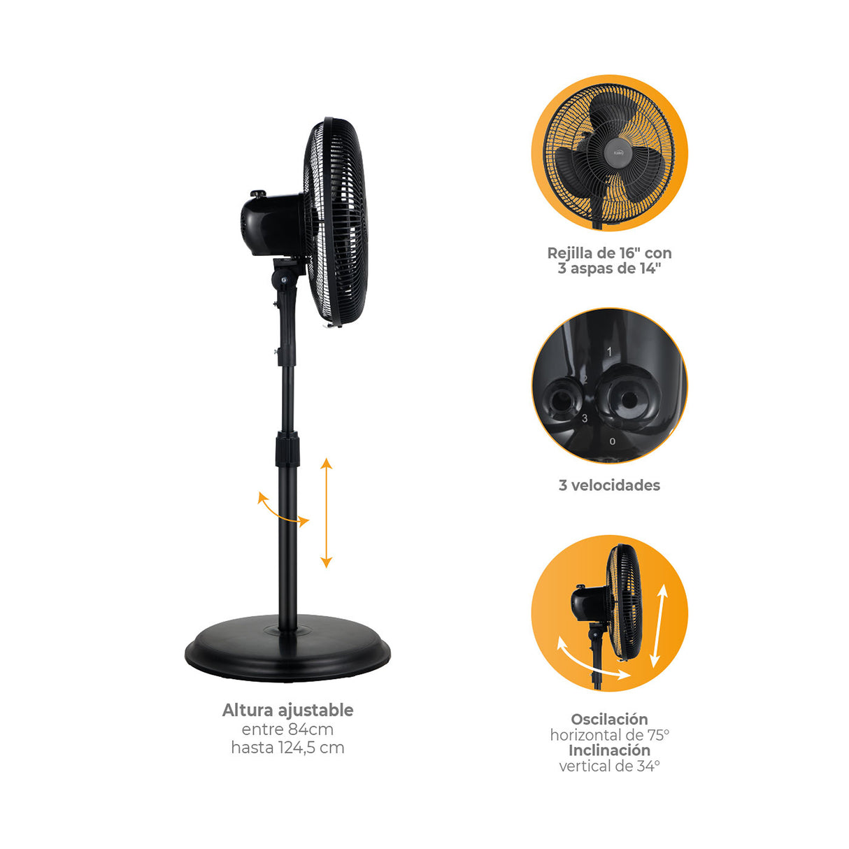 Ventilador de Piso Kalley Negro 42x94cm de 3 Velocidades y con Oscilación - VENTILADORES | Bylmo