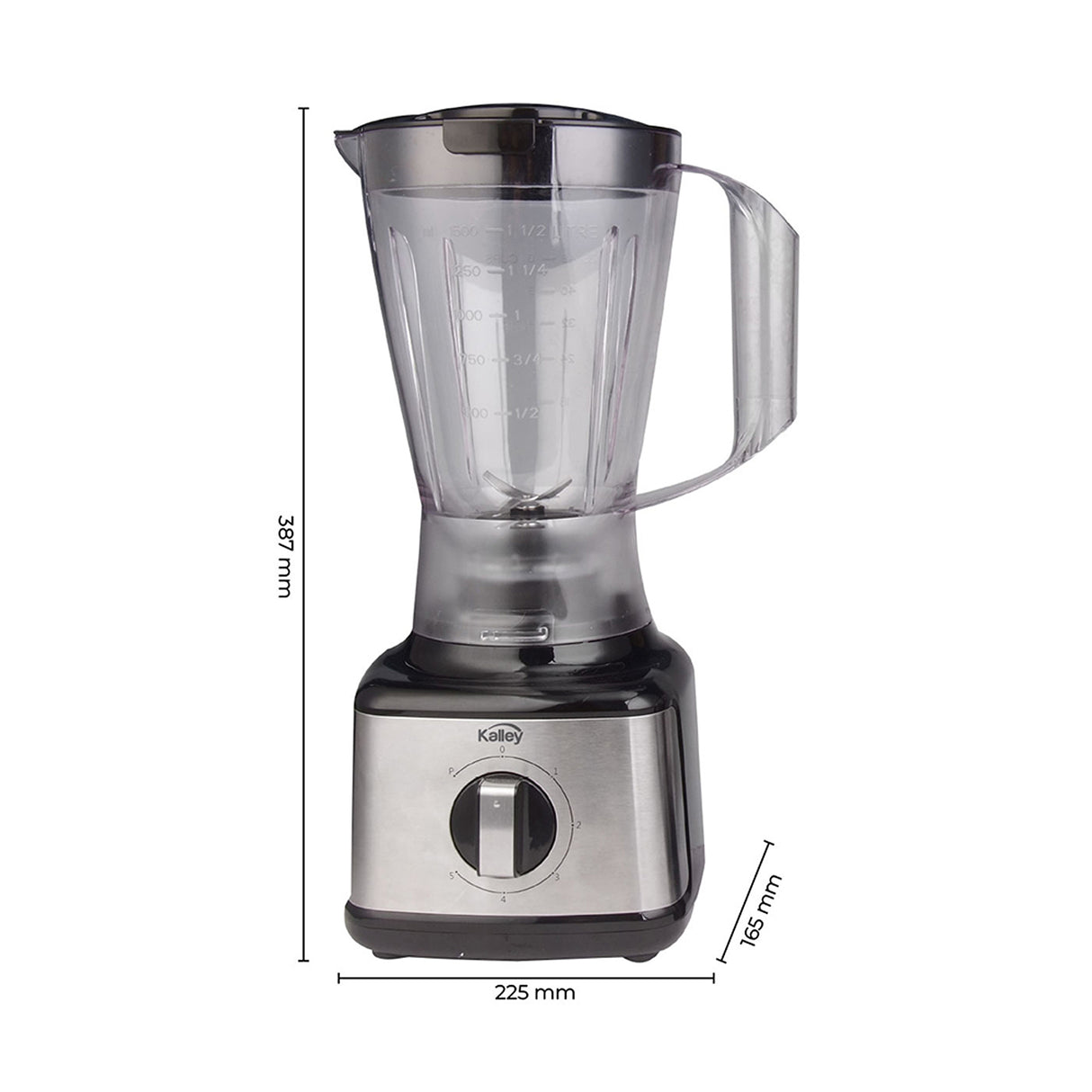 Licuadora Kalley Negro y Gris 22.5x38.7cm de Cuatro Aspas para 1.5 Litros y Cinco Velocidades - LICUADORAS Y PROCESADORES | Bylmo