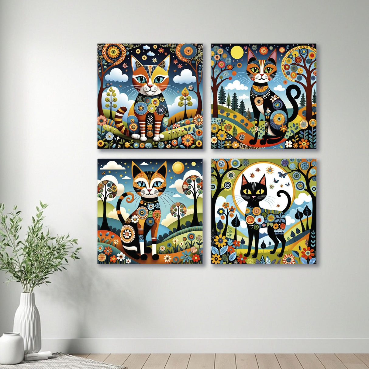 Cuadro decorativo en 4 Piezas Lienzo Jardin del Gato 34x34cm - CUADROS | Bylmo