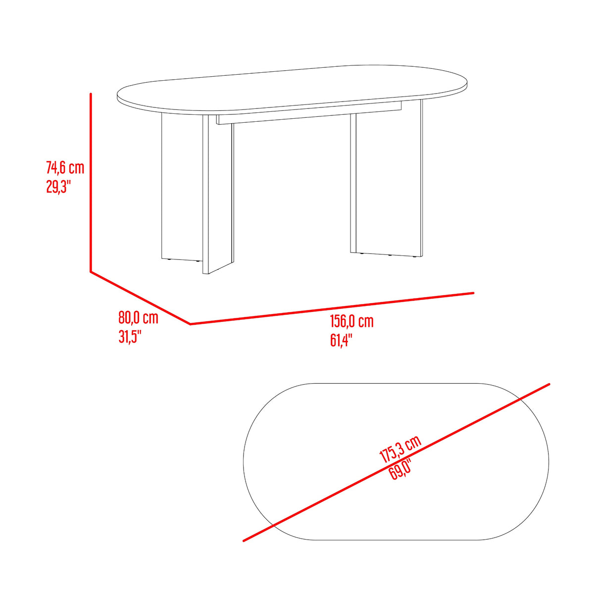 Mesa de Comedor Ted Fresno 156x74.6cm Ovalado de Cuatro Puestos sin Sillas