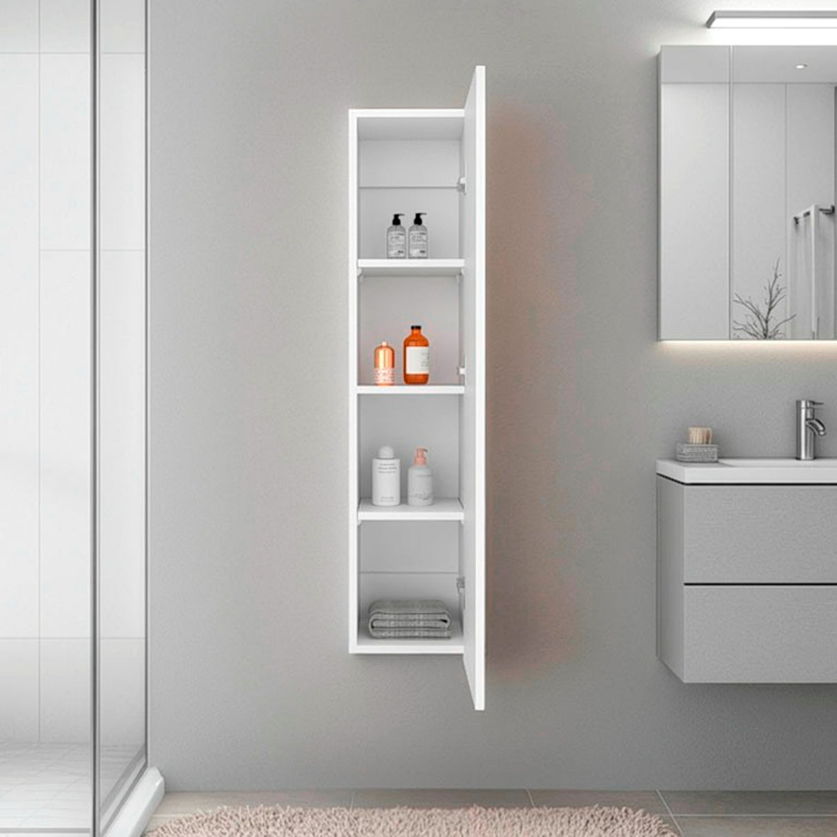 Gabinete de Baño Blanco 25x110cm Rectangular con Tres Entrepaños y con una Puerta